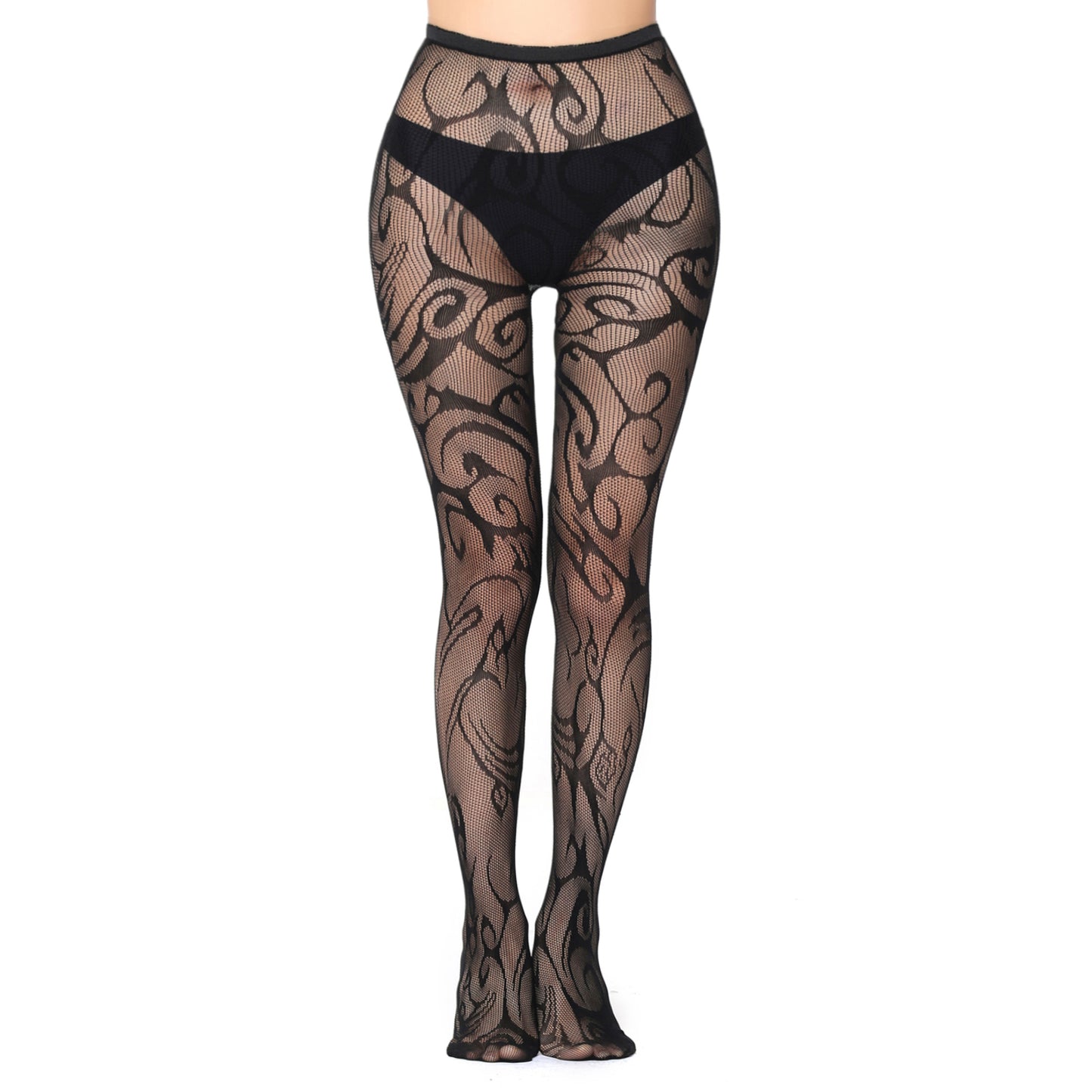 Woman's black zebra patterned fishnet and lace hosiery