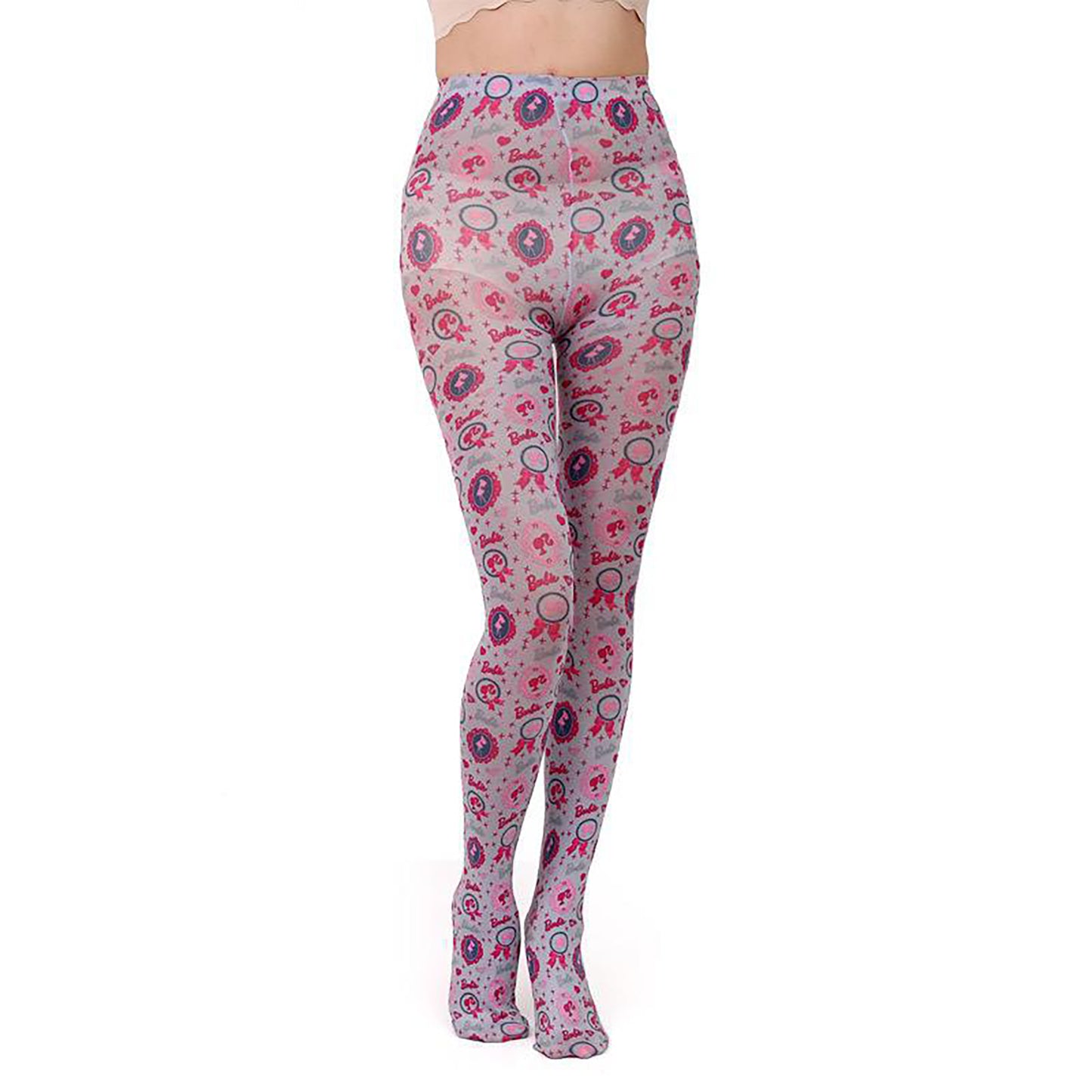 A lady wearing some light grey sheer tights which have a pink and purple pattern throughout