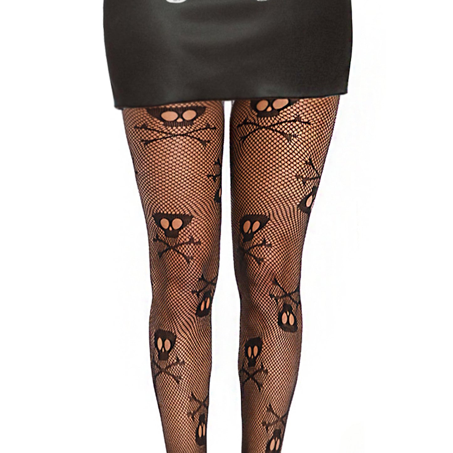 Skull and crossbone black fishnet tights with mini skirt