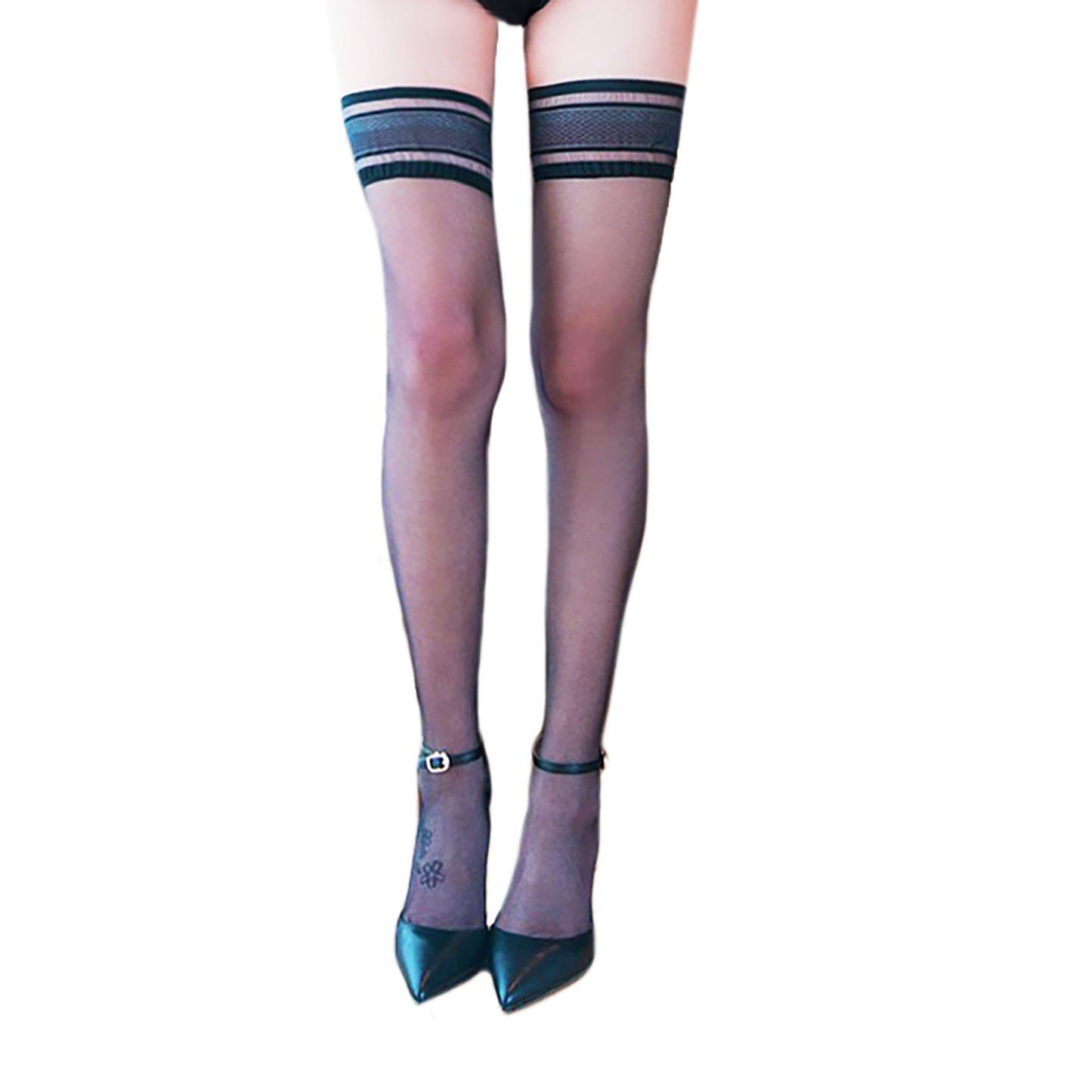 Striped 10 Denier Black Ultra Sheer Hold Up - Simply Joshimo