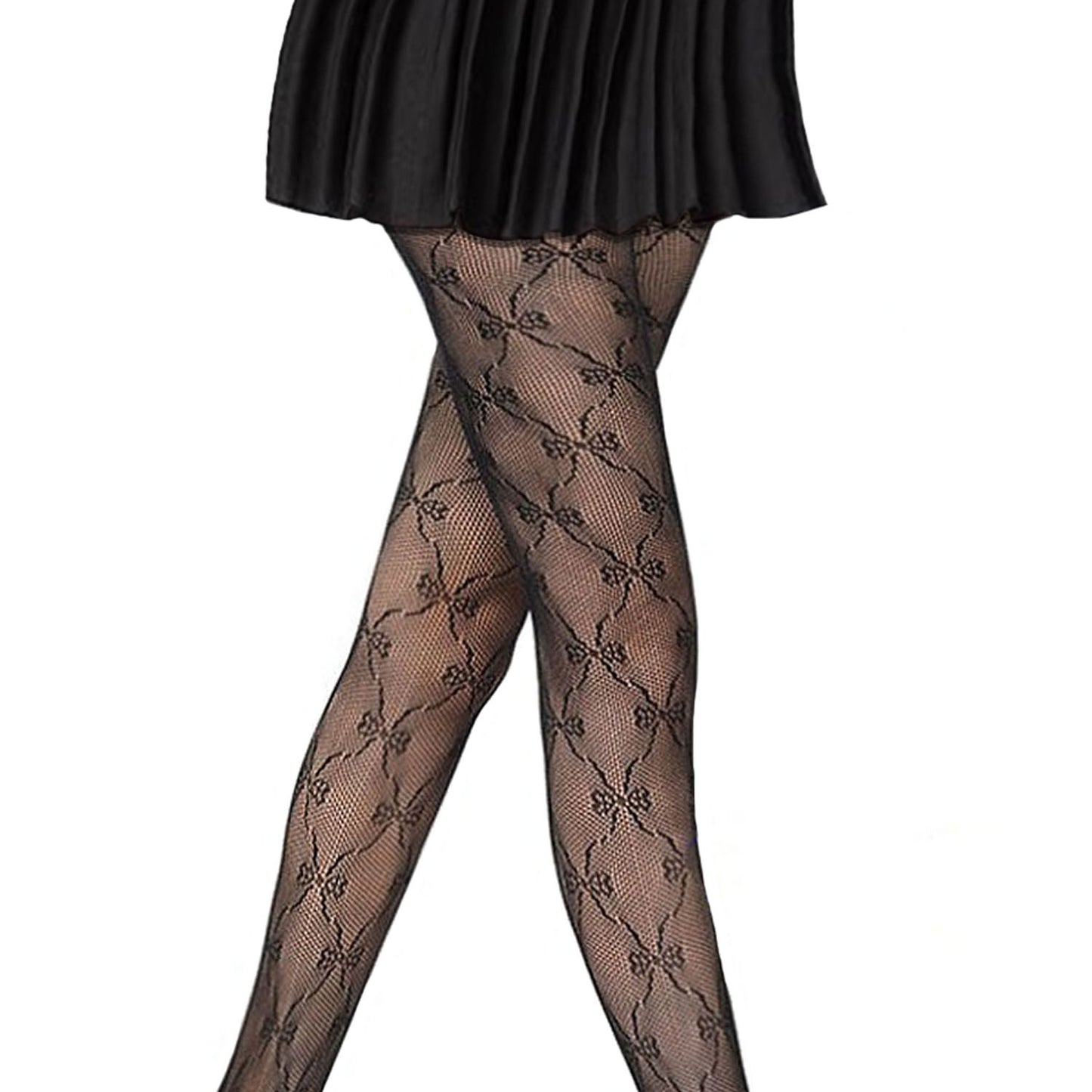 Bow tights with black skirt outfit