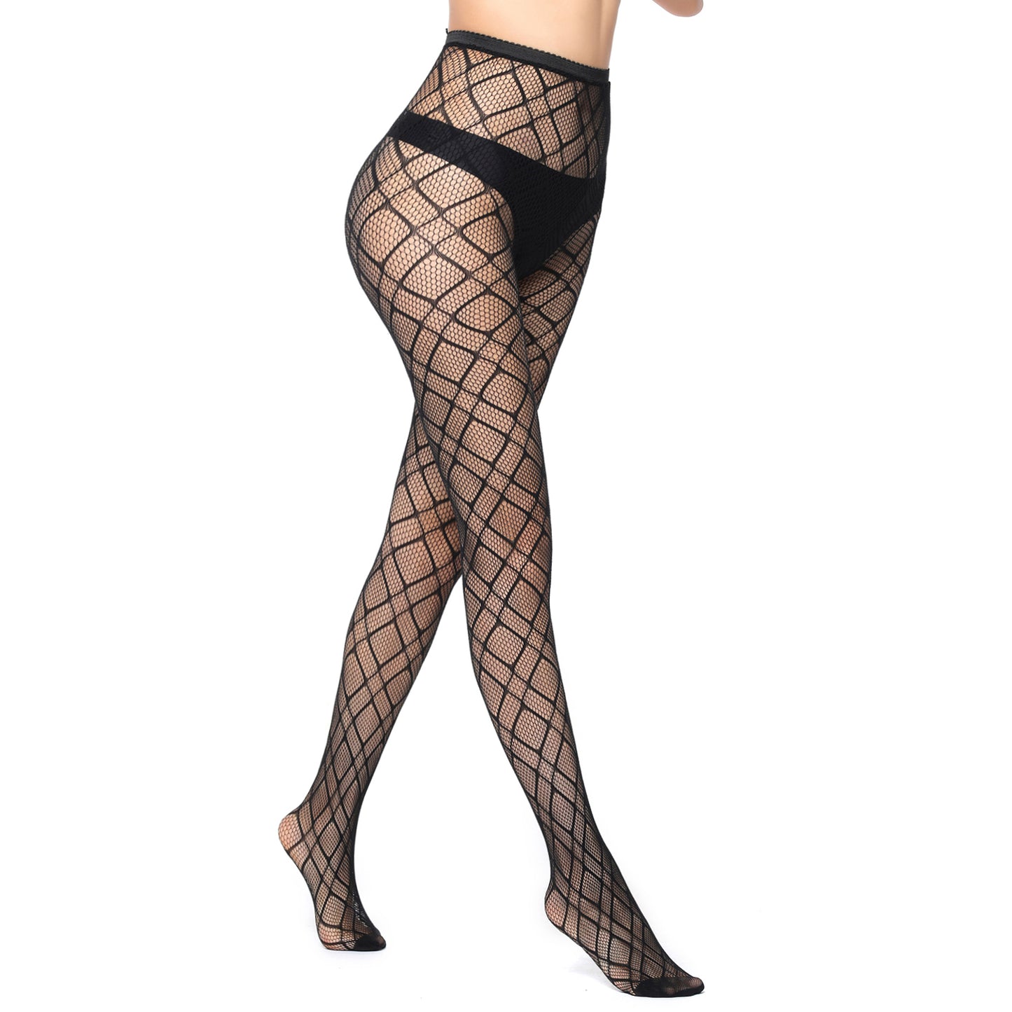 High waist diamond patterned fishnet tights in black