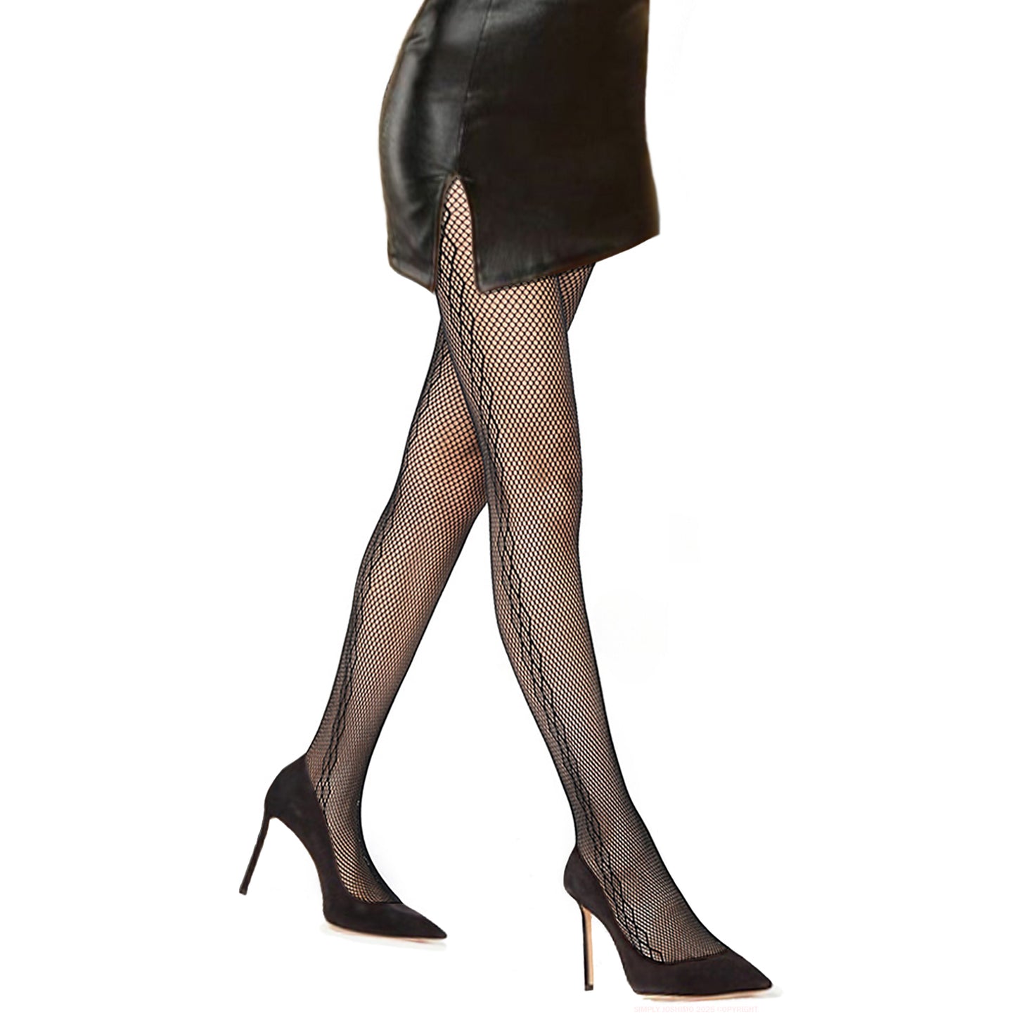 Black fishnet hosiery with diamond side seam and mini skirt