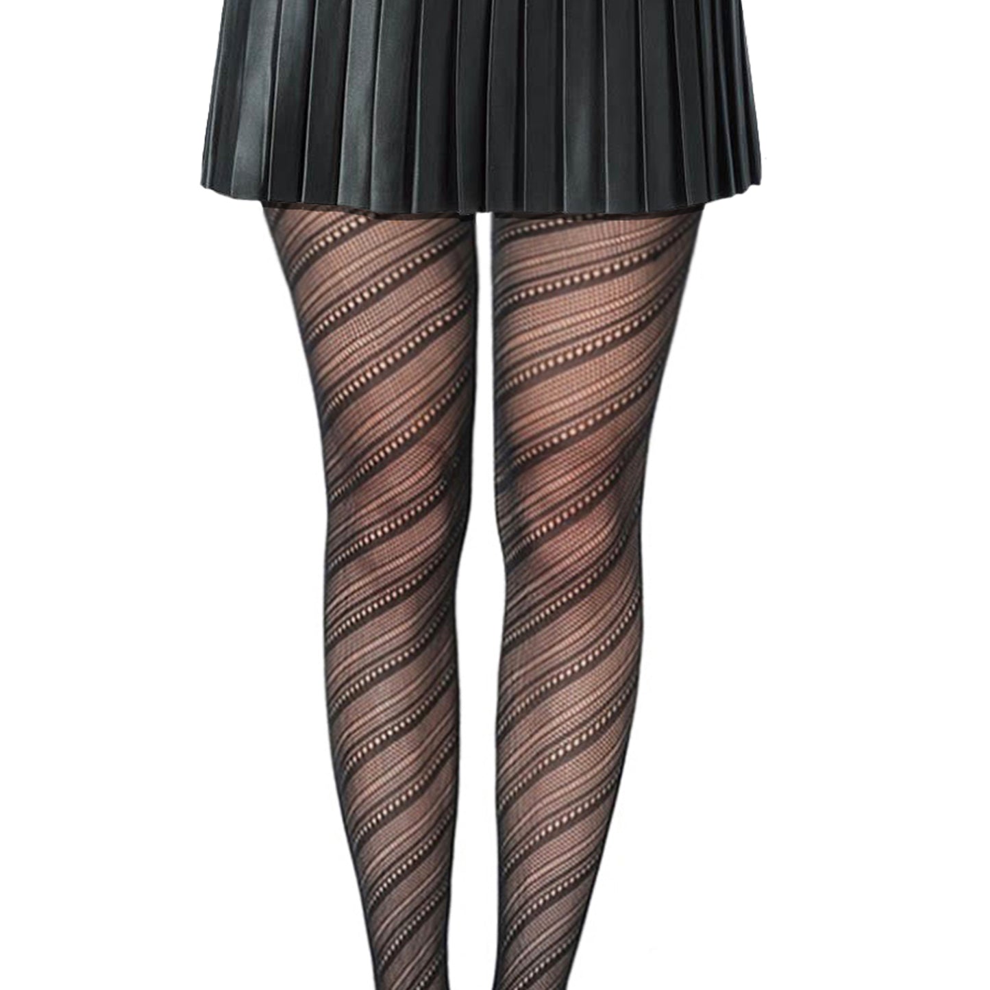 Striped tights with a leather mini skirt