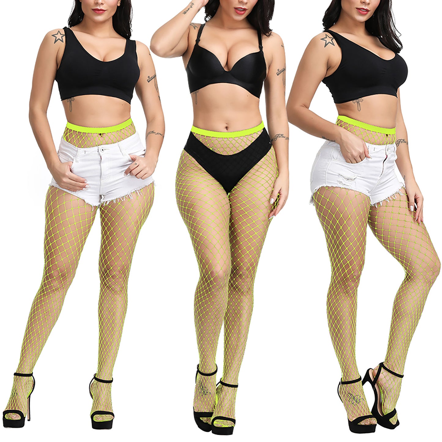 Womens Neon Yellow Large Hole Festival Hosiery