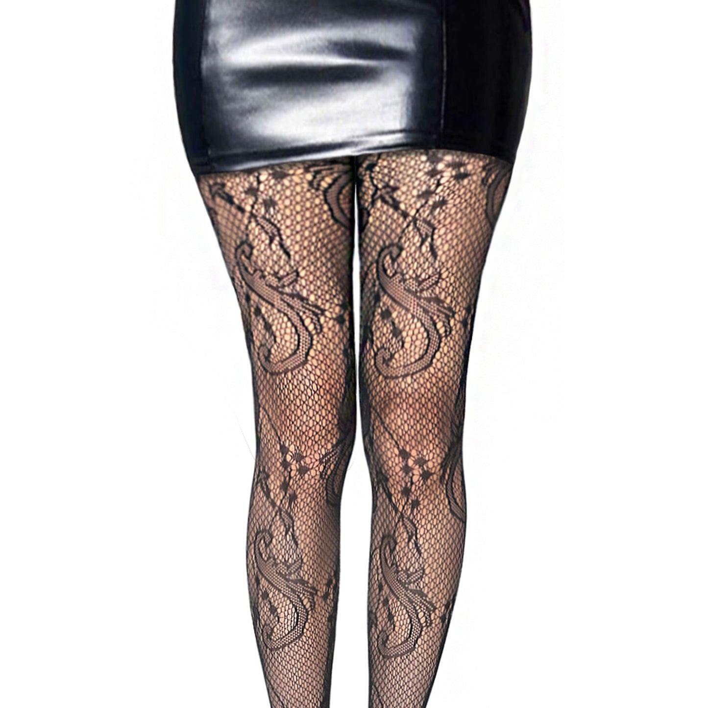 Floral print tights with a black mini skirt