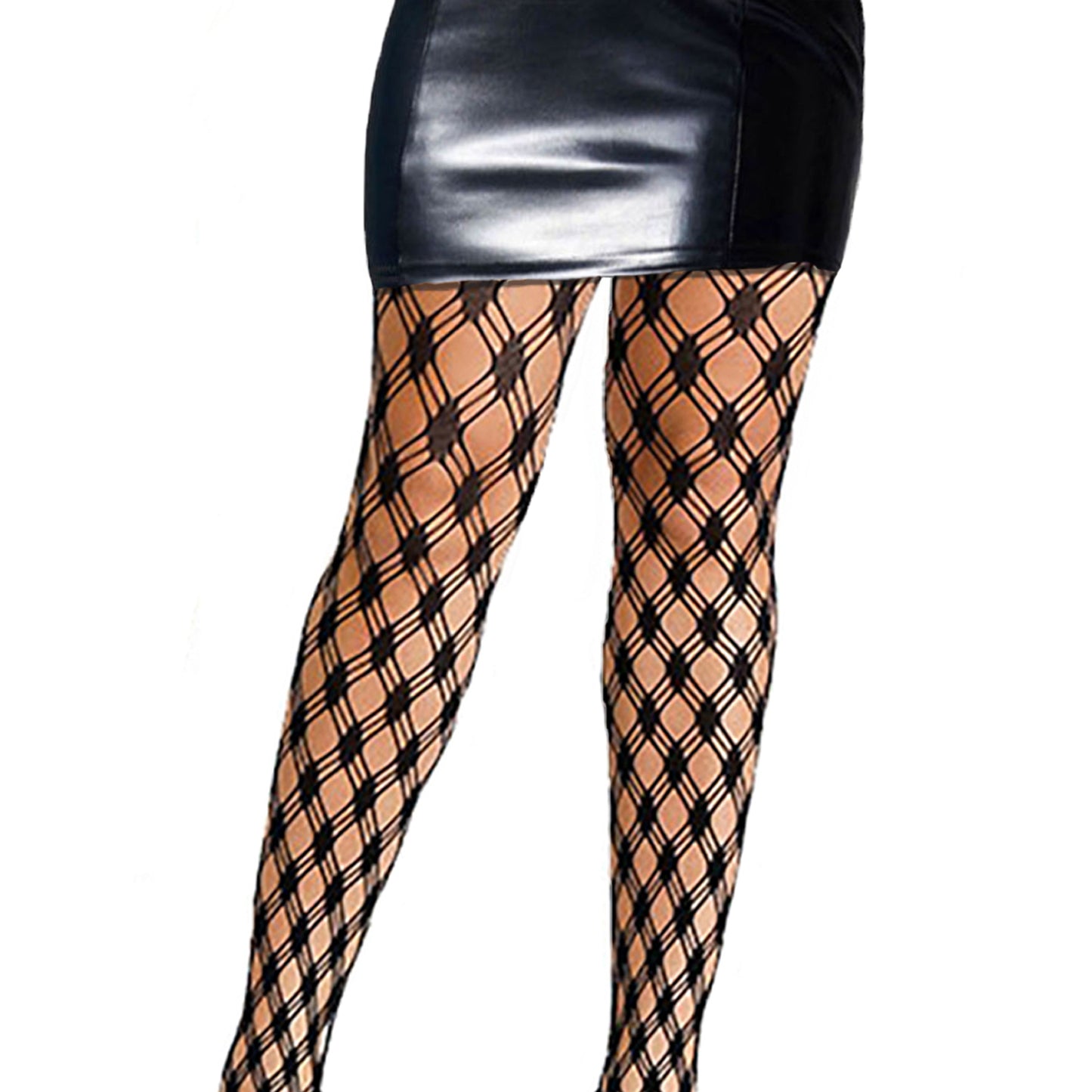 Diamond fishnet tights with a black mini skirt outfit