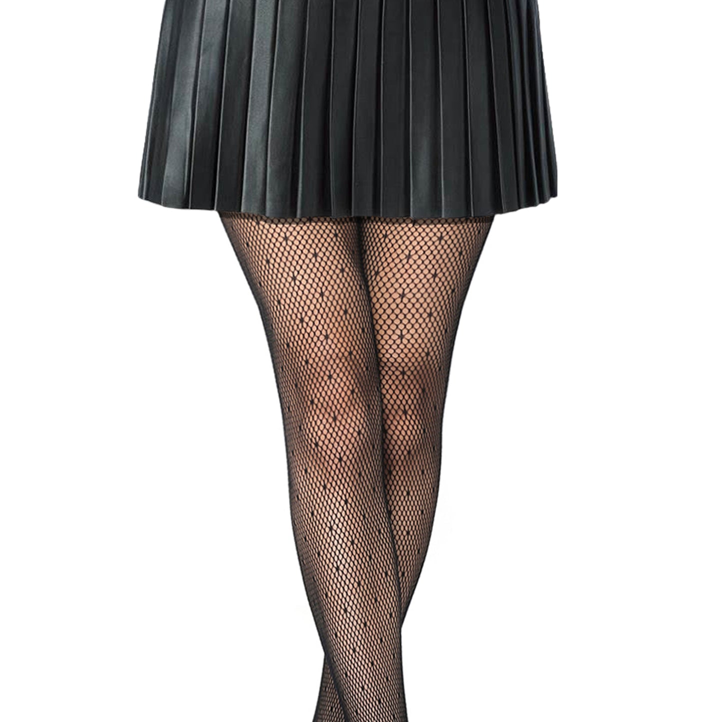 polkadot tights paired with black mini skirt outfit