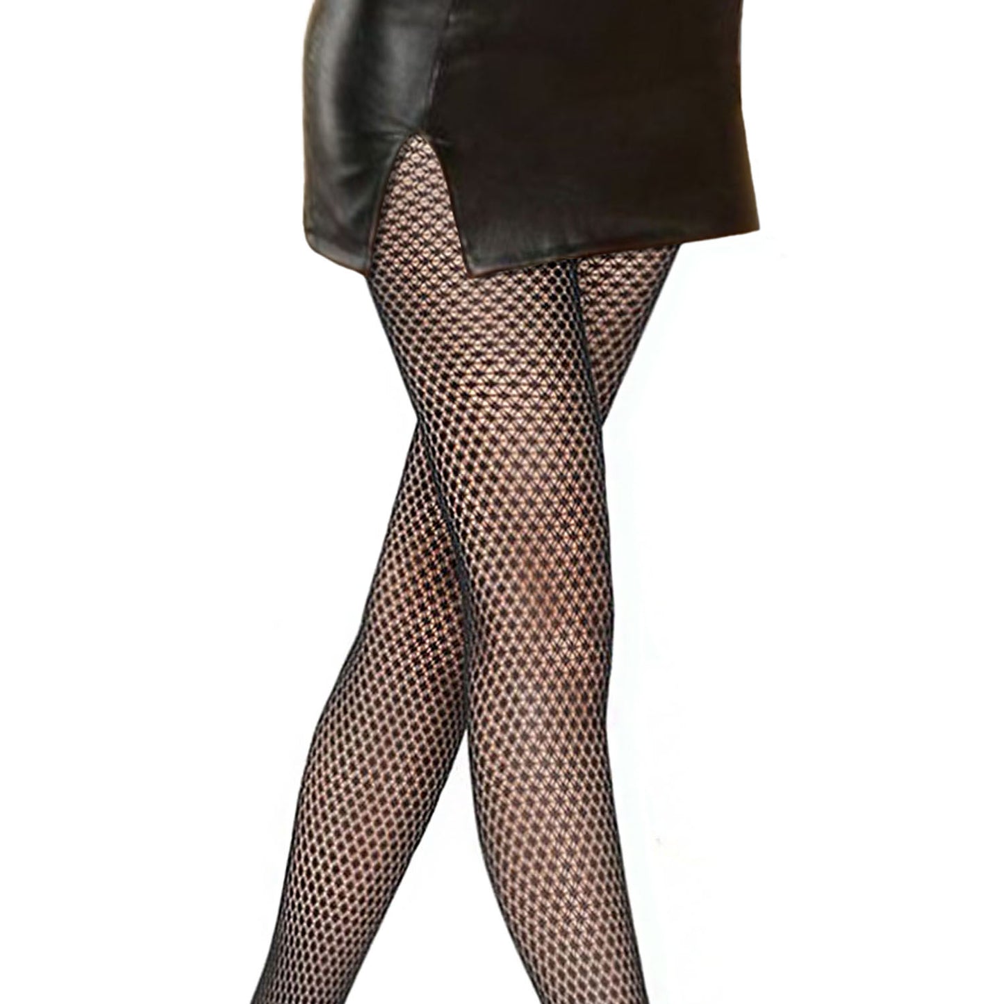 Woman's black polka dot tights with leather mini skirt outfit