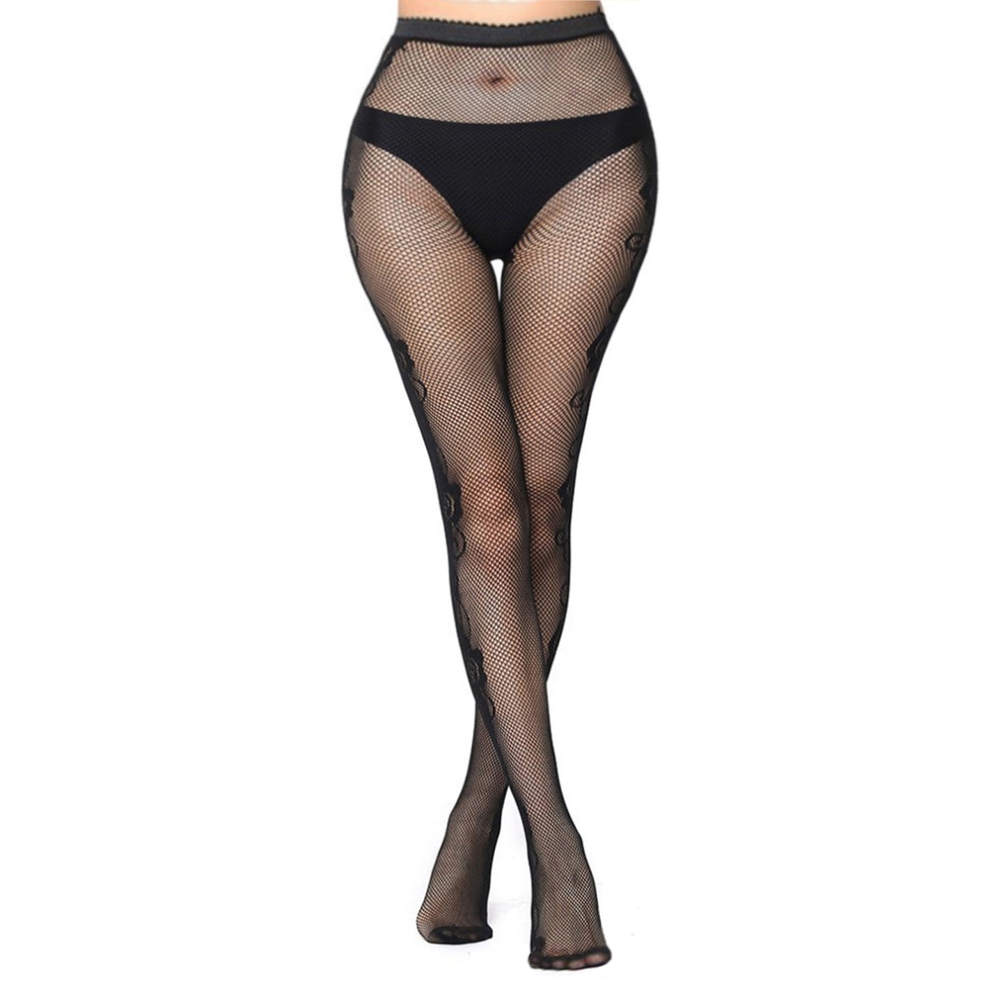 Ladies rose flower lace print fishnet hosiery