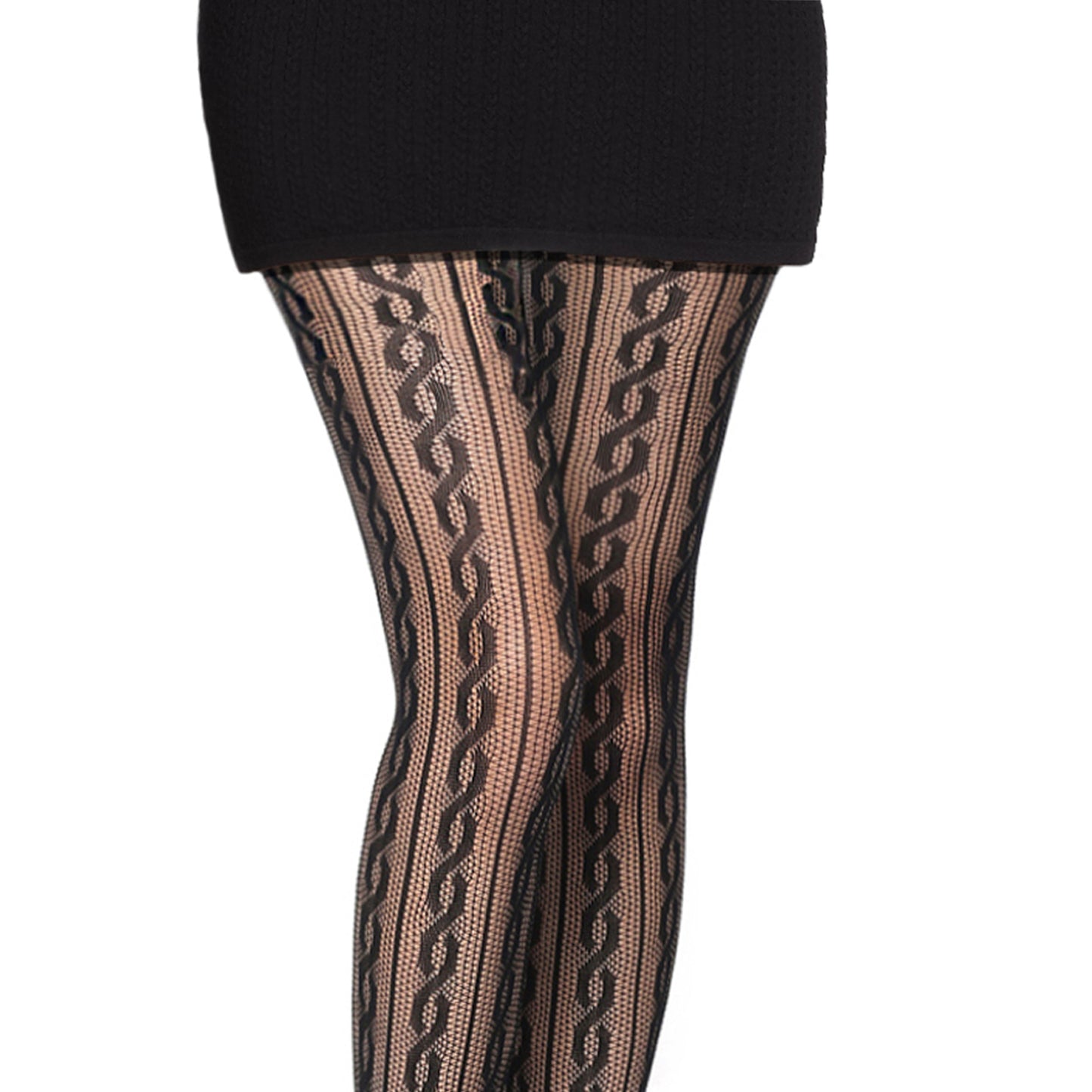 Black chain tights with a mini skirt and heels