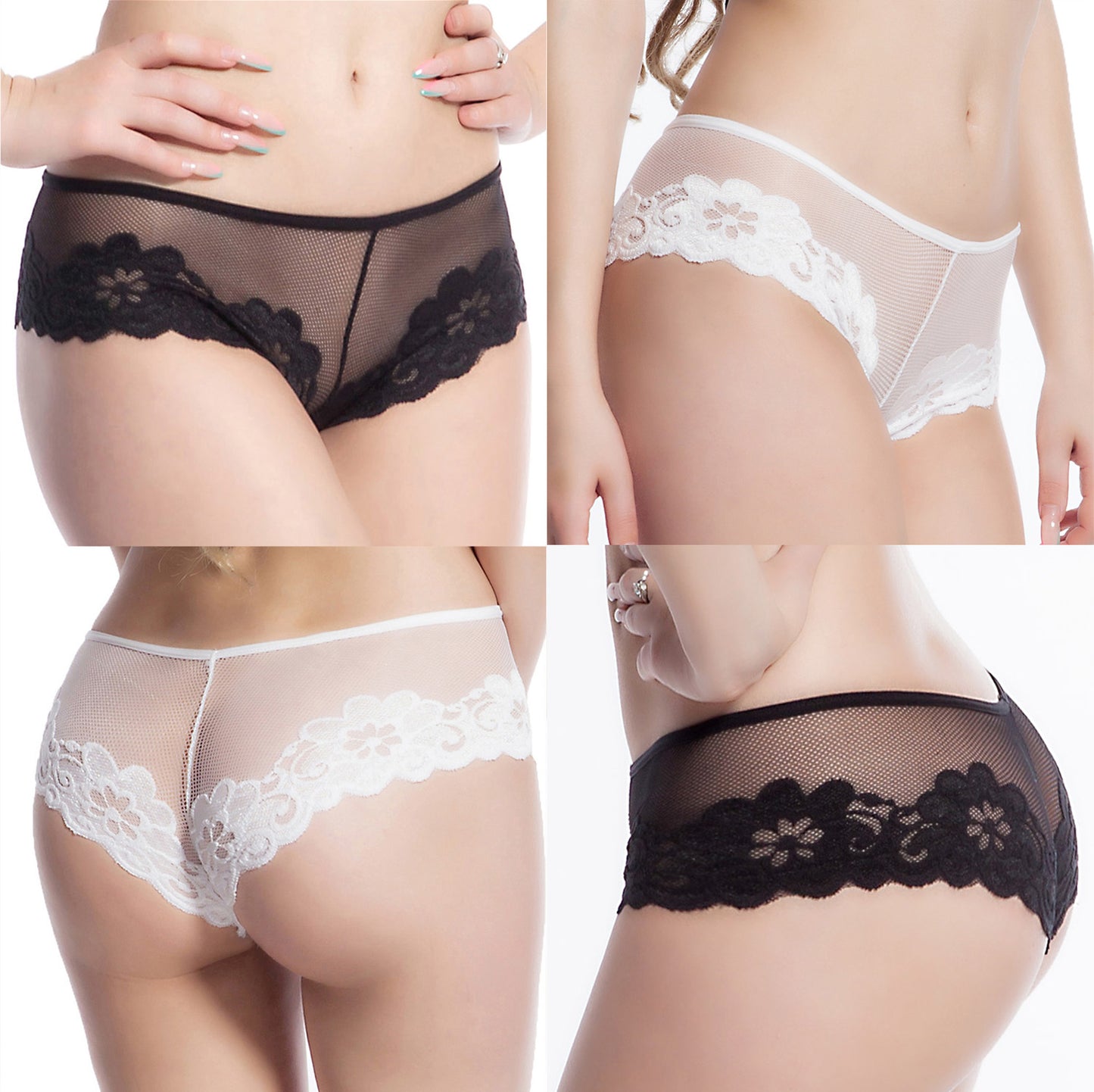 Four women are wearing black and white fishnet knickers with floral detail.