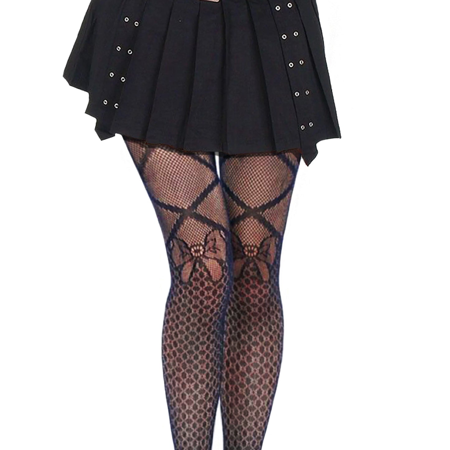 Patterned fishnet tights with black gothic mini skirt