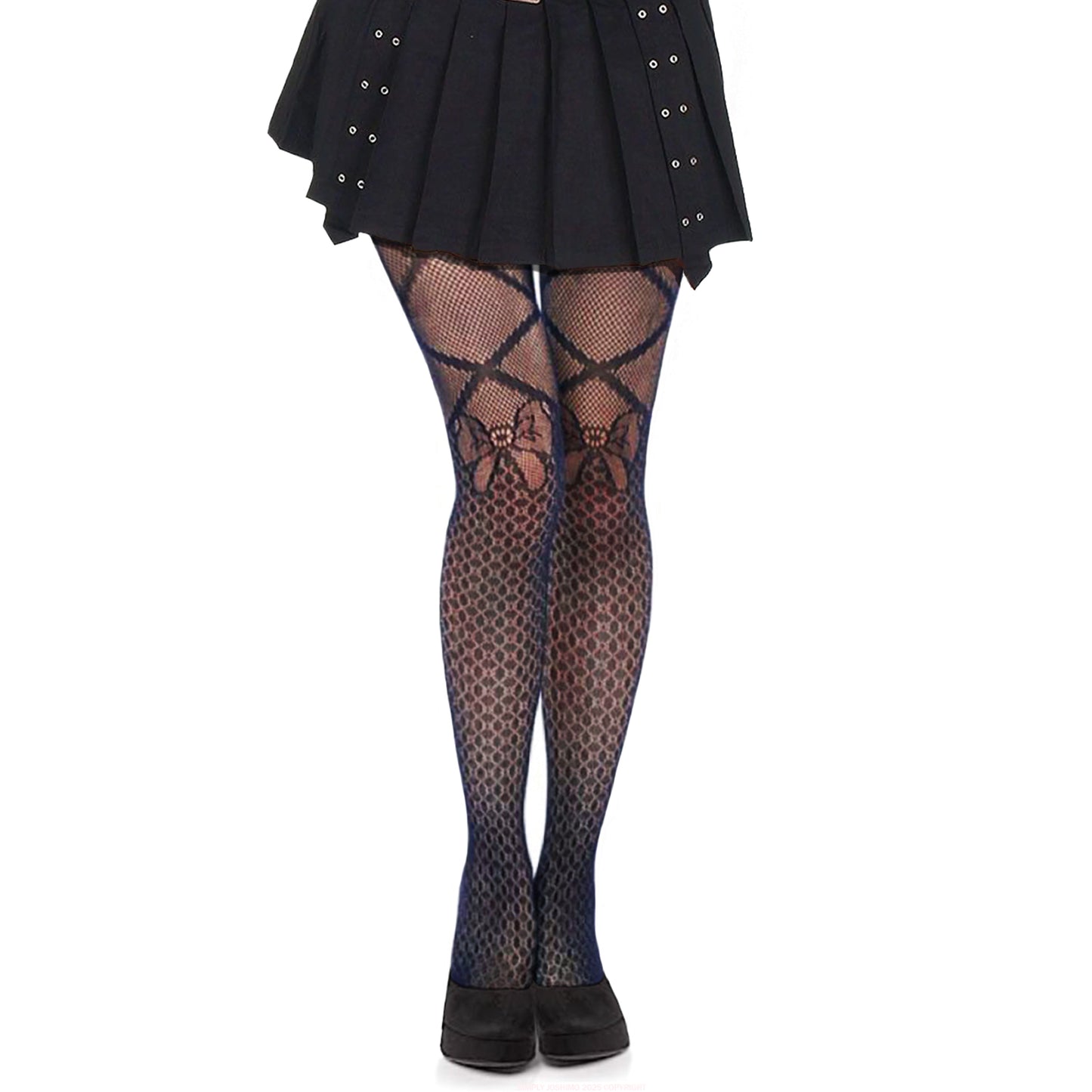 Womens patterned fishnet tights in black with bow - Simply Joshimo