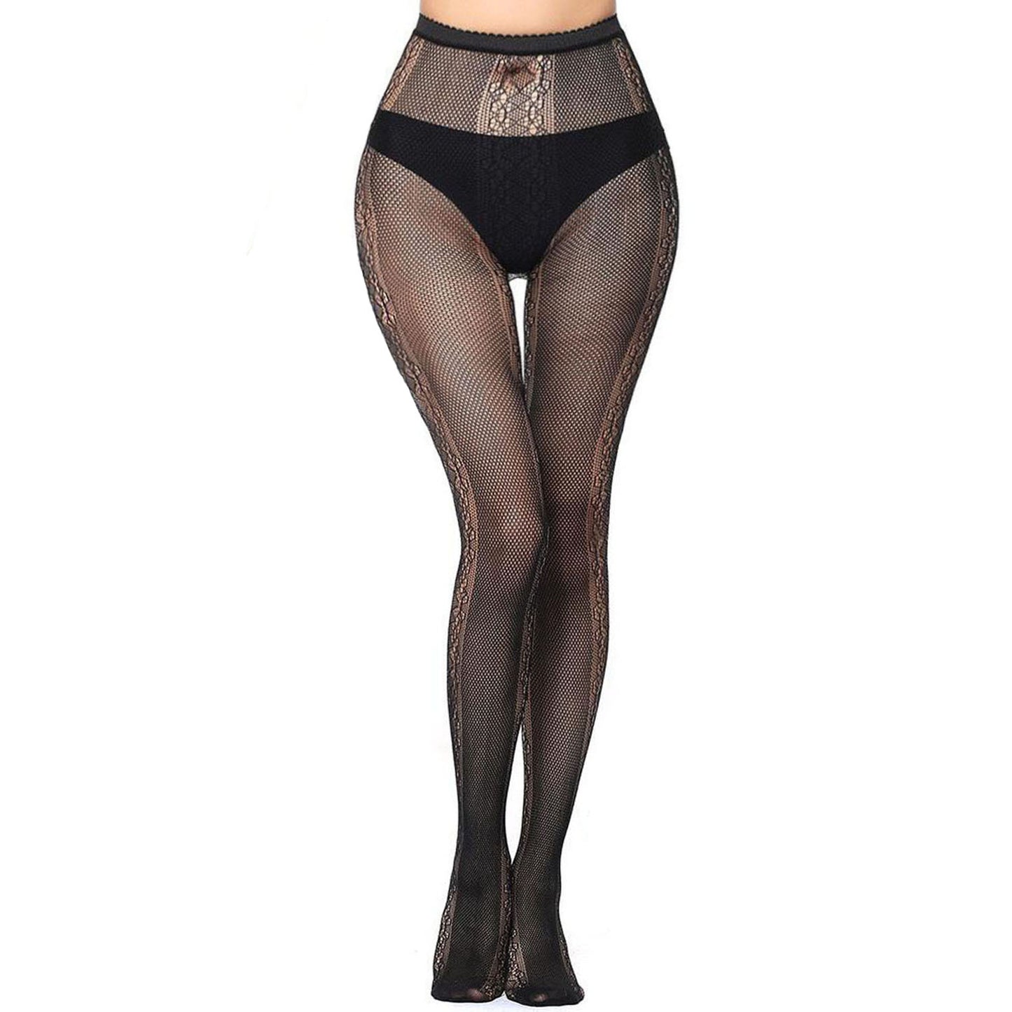 Woman's black patterned fishnet and lace tights