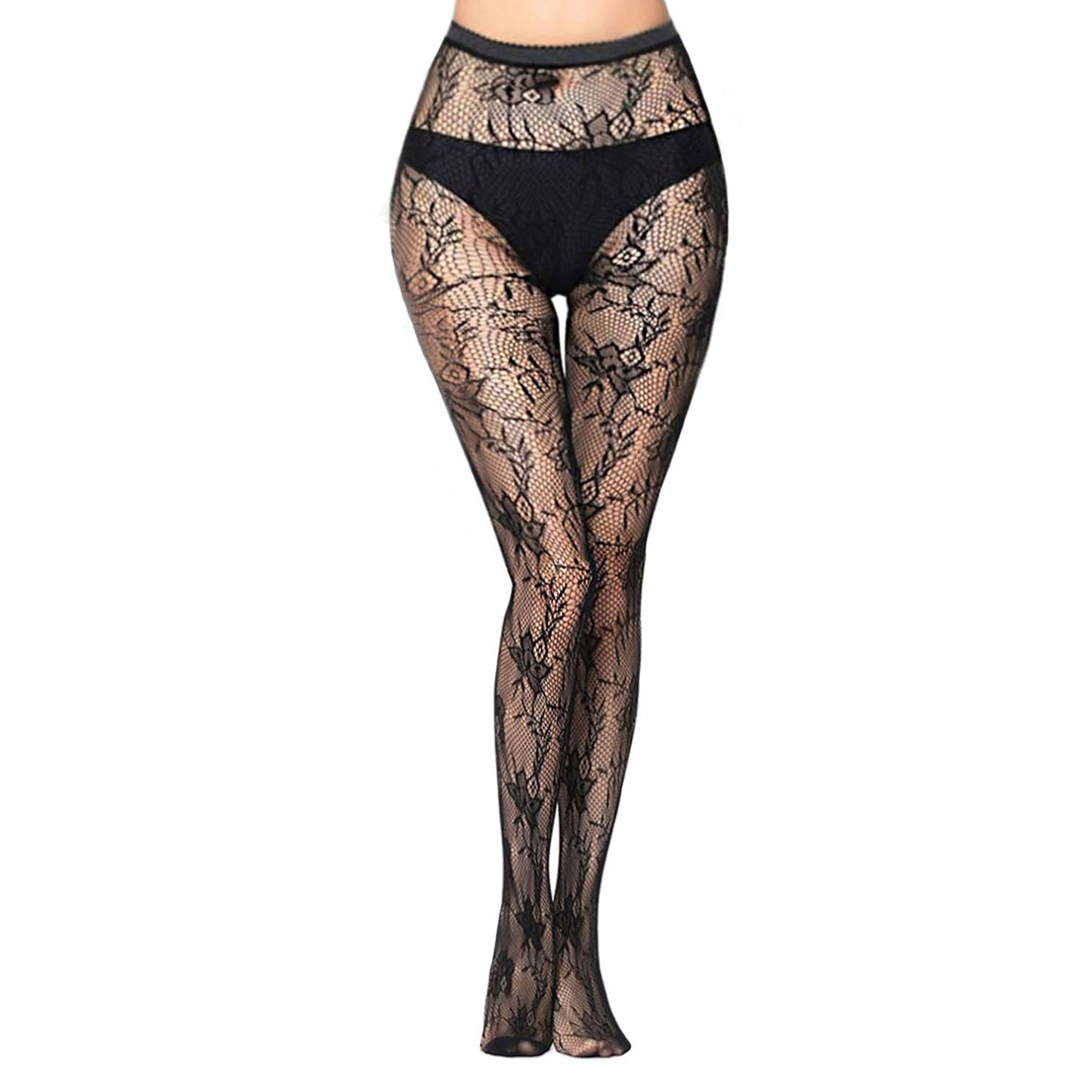 Women's black fashion tights with an orchid print