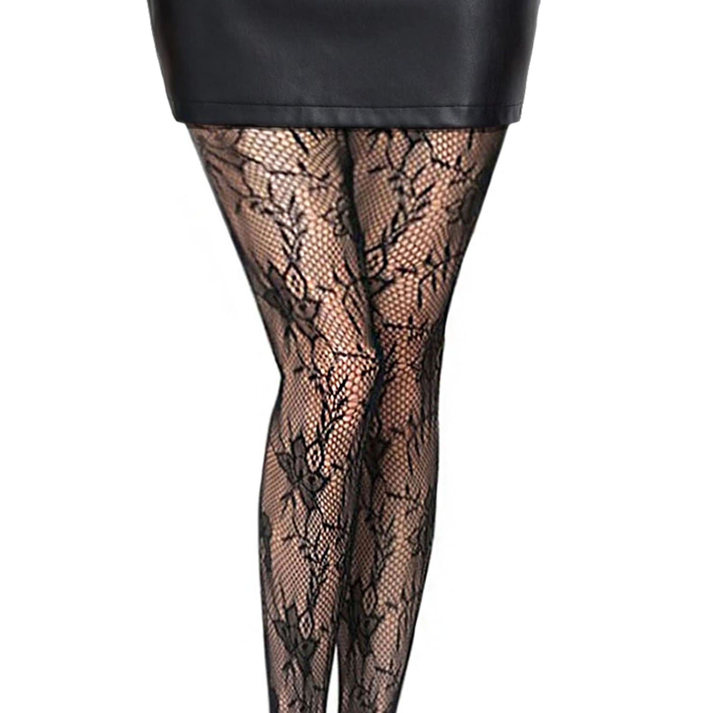 Black floral fishnet tights with mini skirt outfit