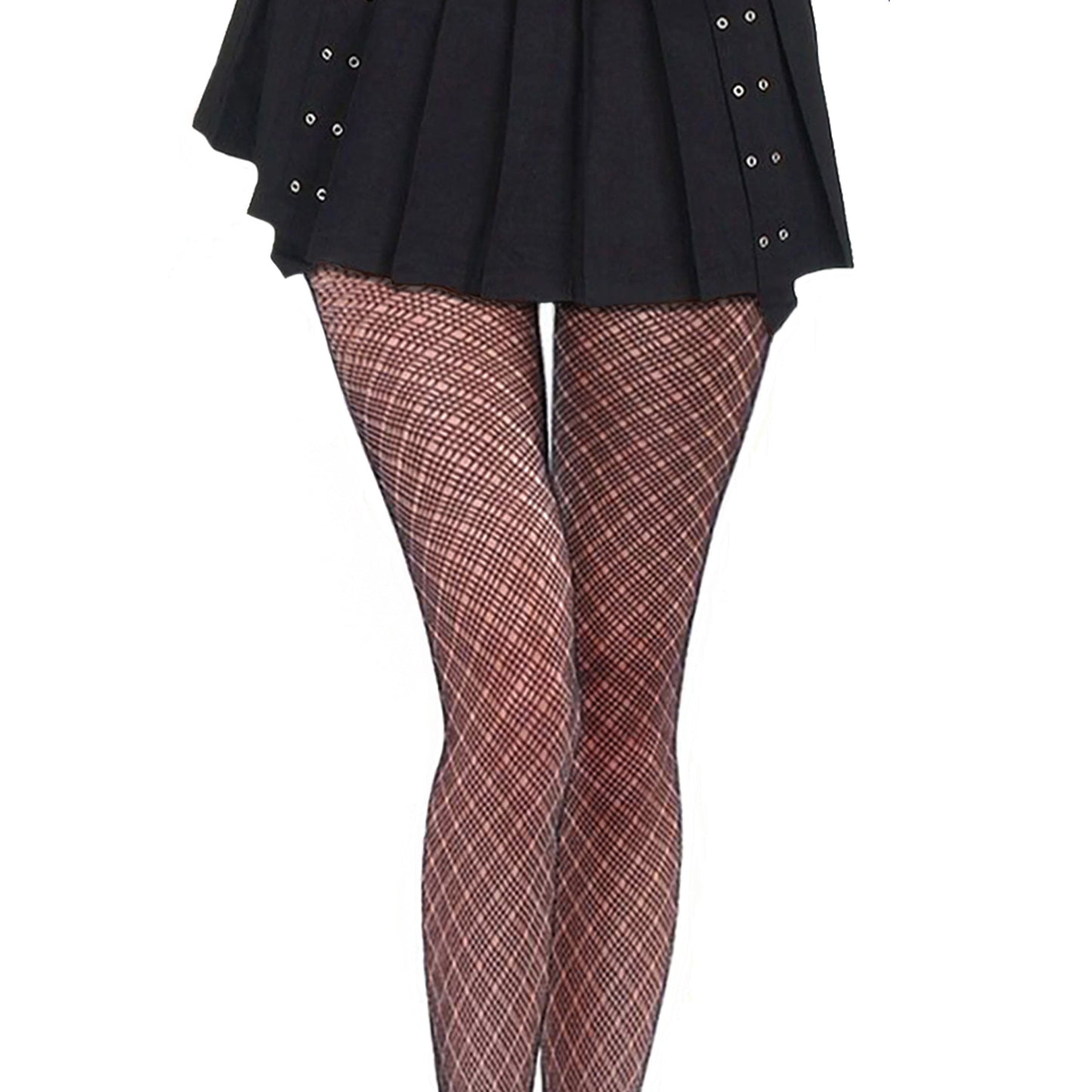 Bold fishnet tights with a black mini skirt