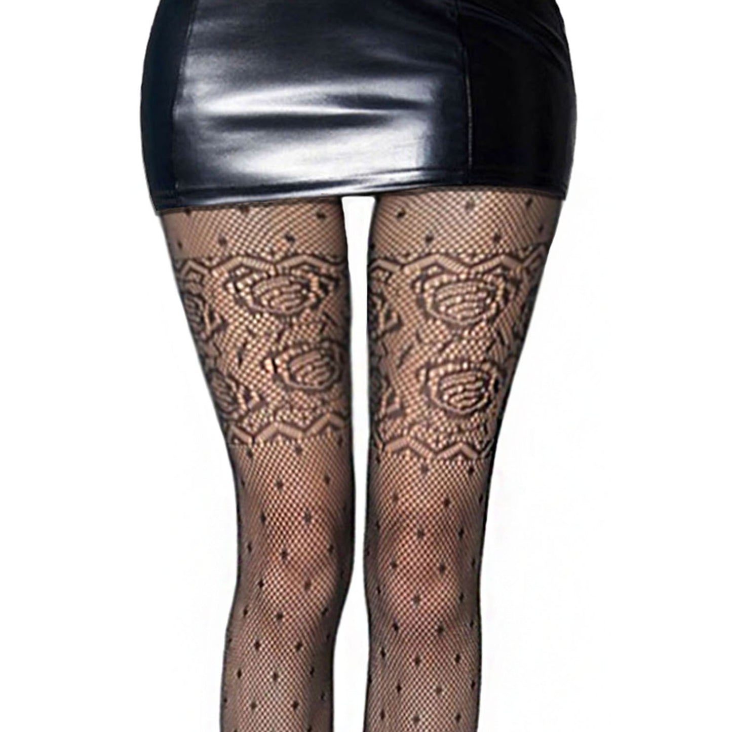Black mini skirt and patterned tights outfit