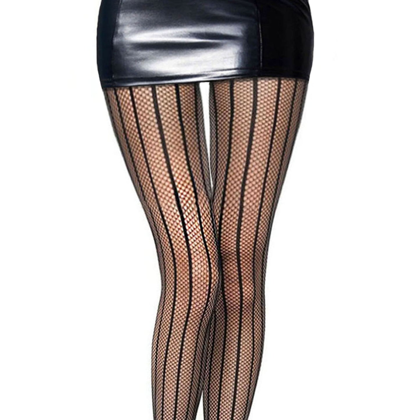 Black fishnet tights worn over a black leather skirt