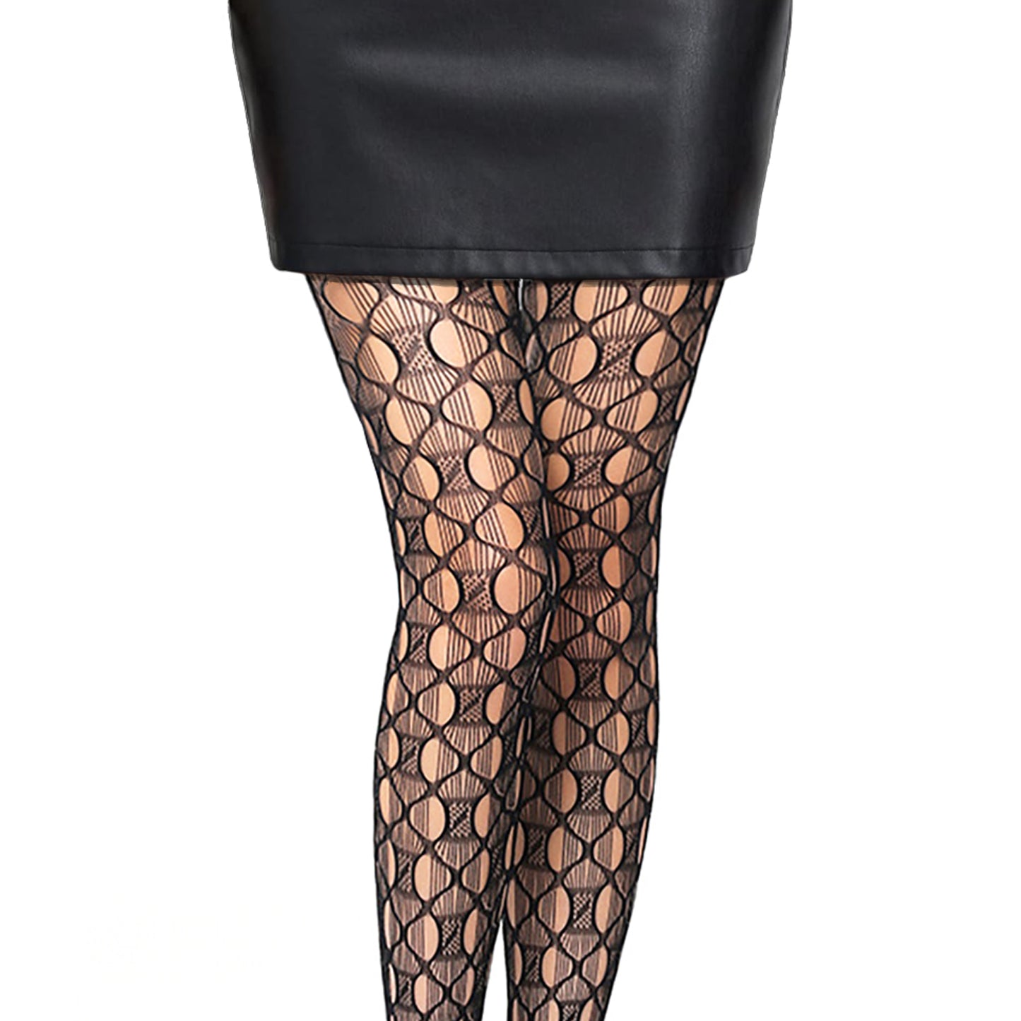 Cut out fishnet tights with bold patterns and mini skirt leather