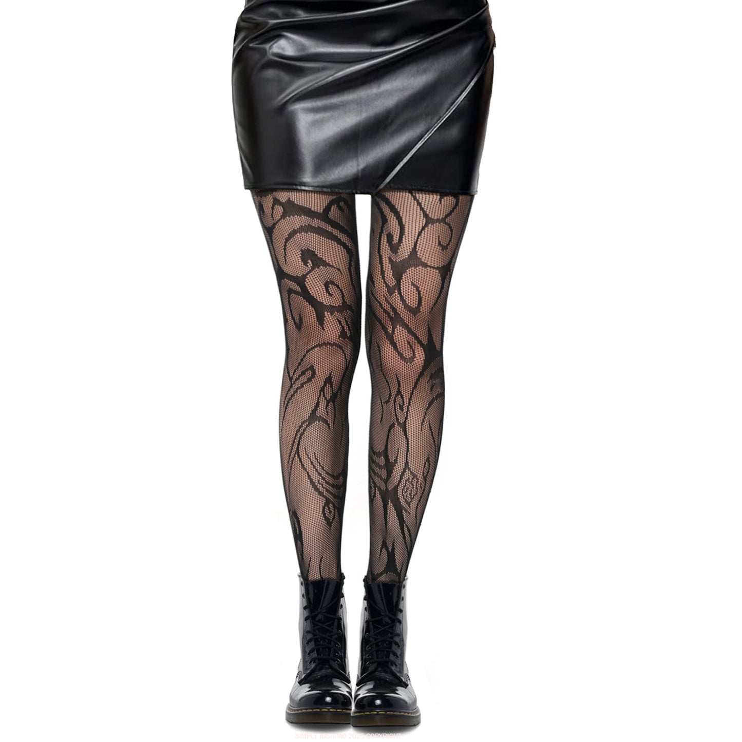 Zebra tights with mini skirt and black boots