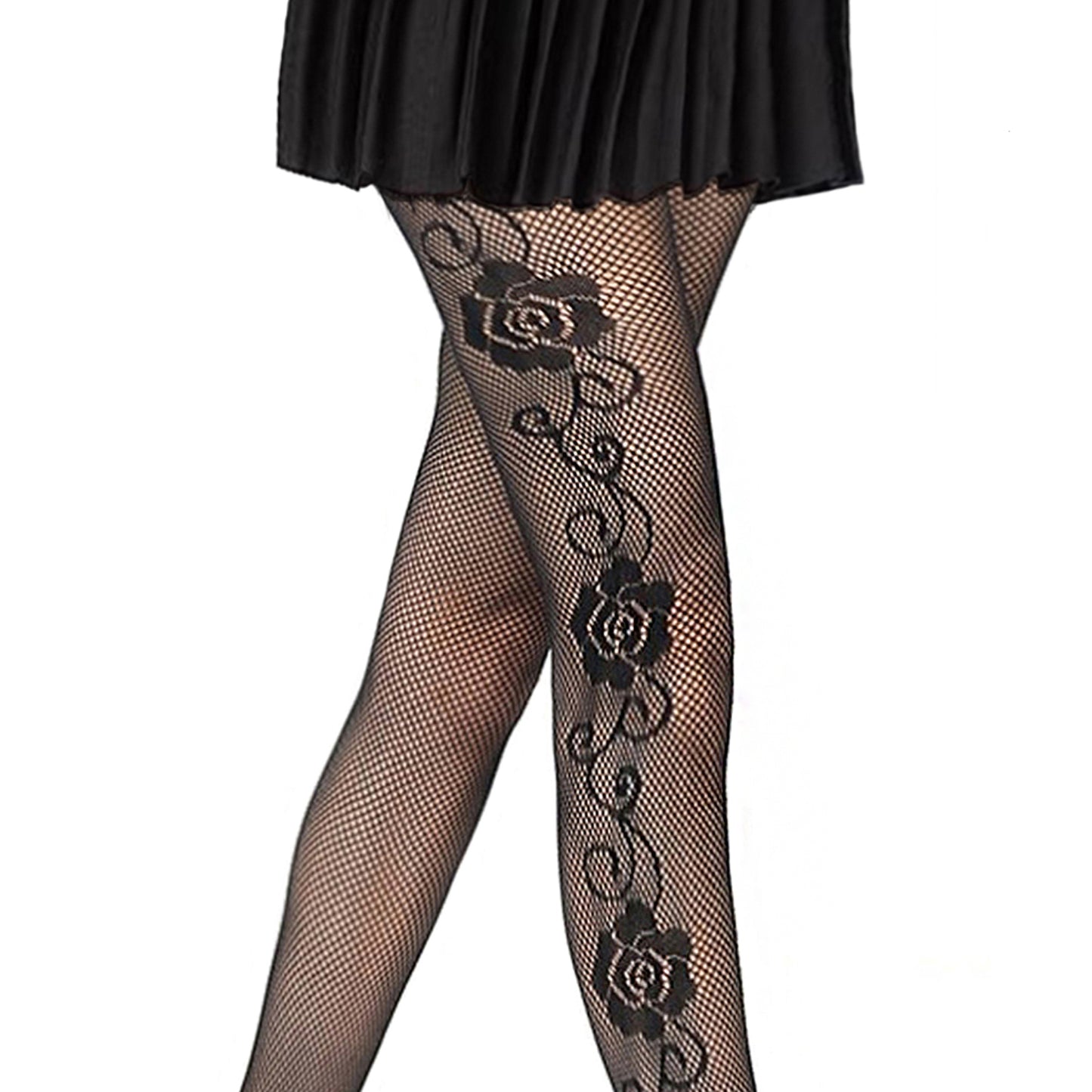 rose flower print tights with a mini skirt