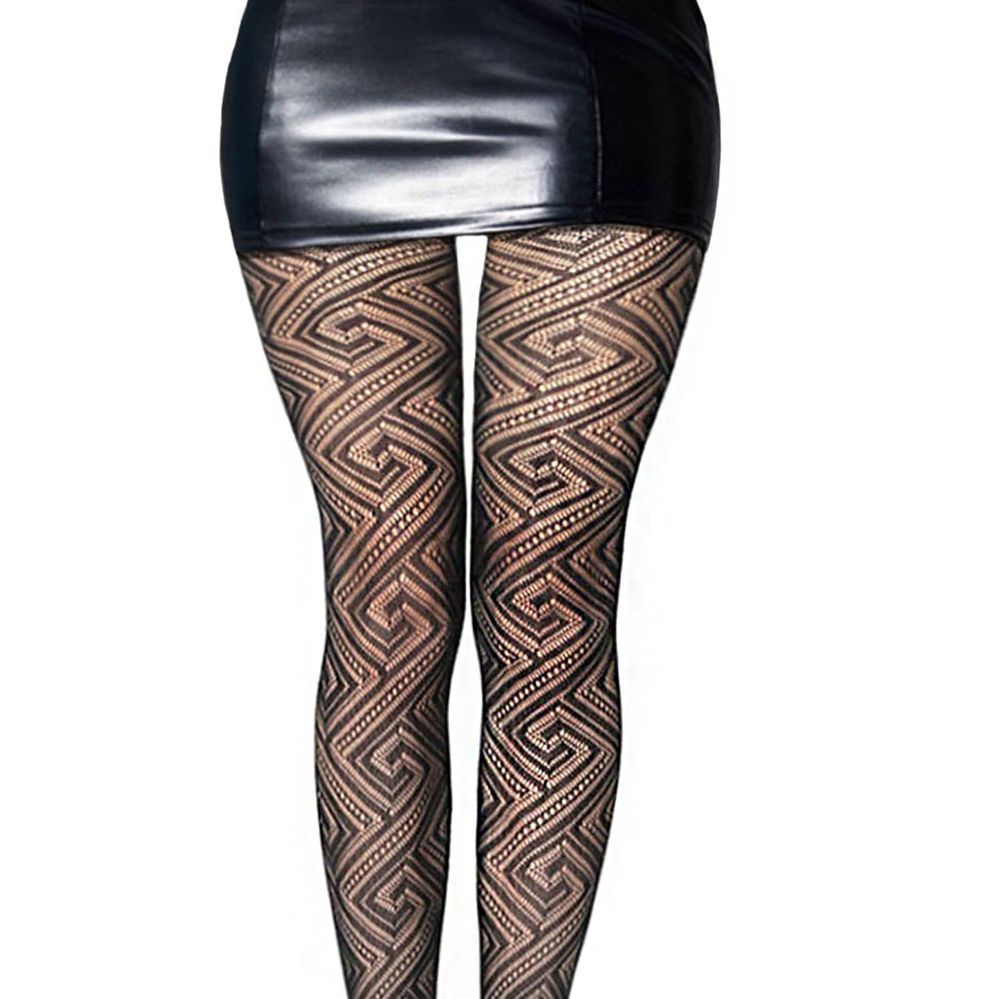 Patterned tights with geometric print and mini skirt outfit