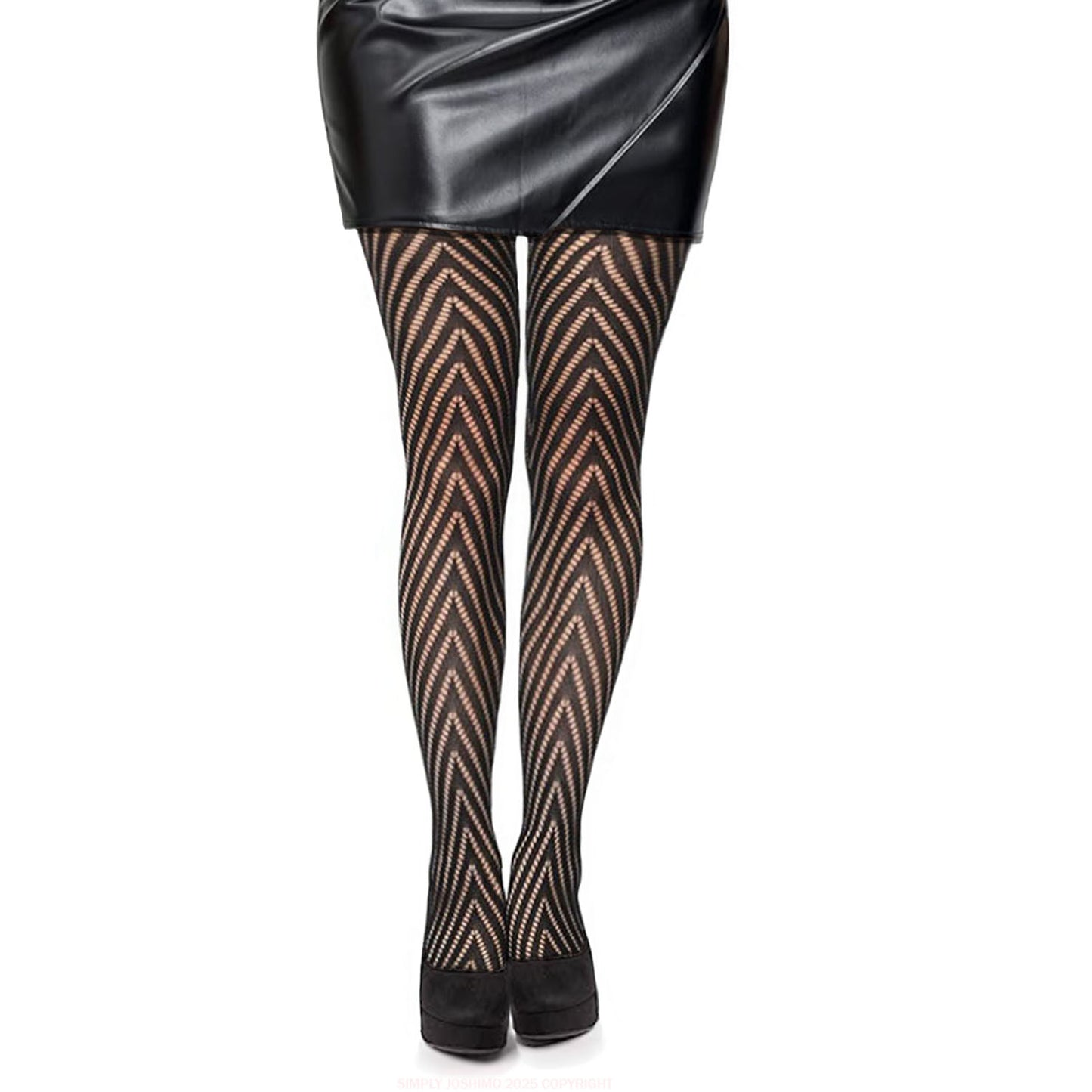 Womens striped fishnet tights outfit with mini skirt and heels