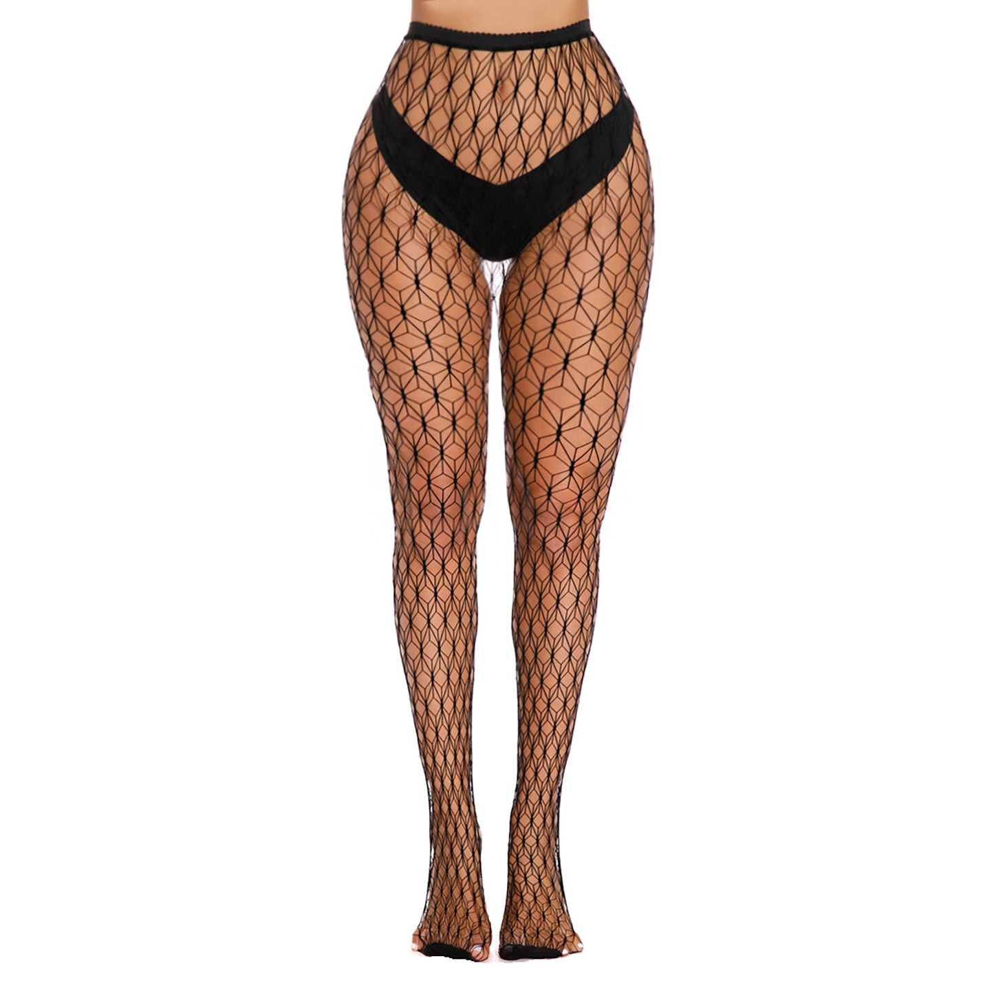 Geometric patterned black fishnet hosiery for ladies