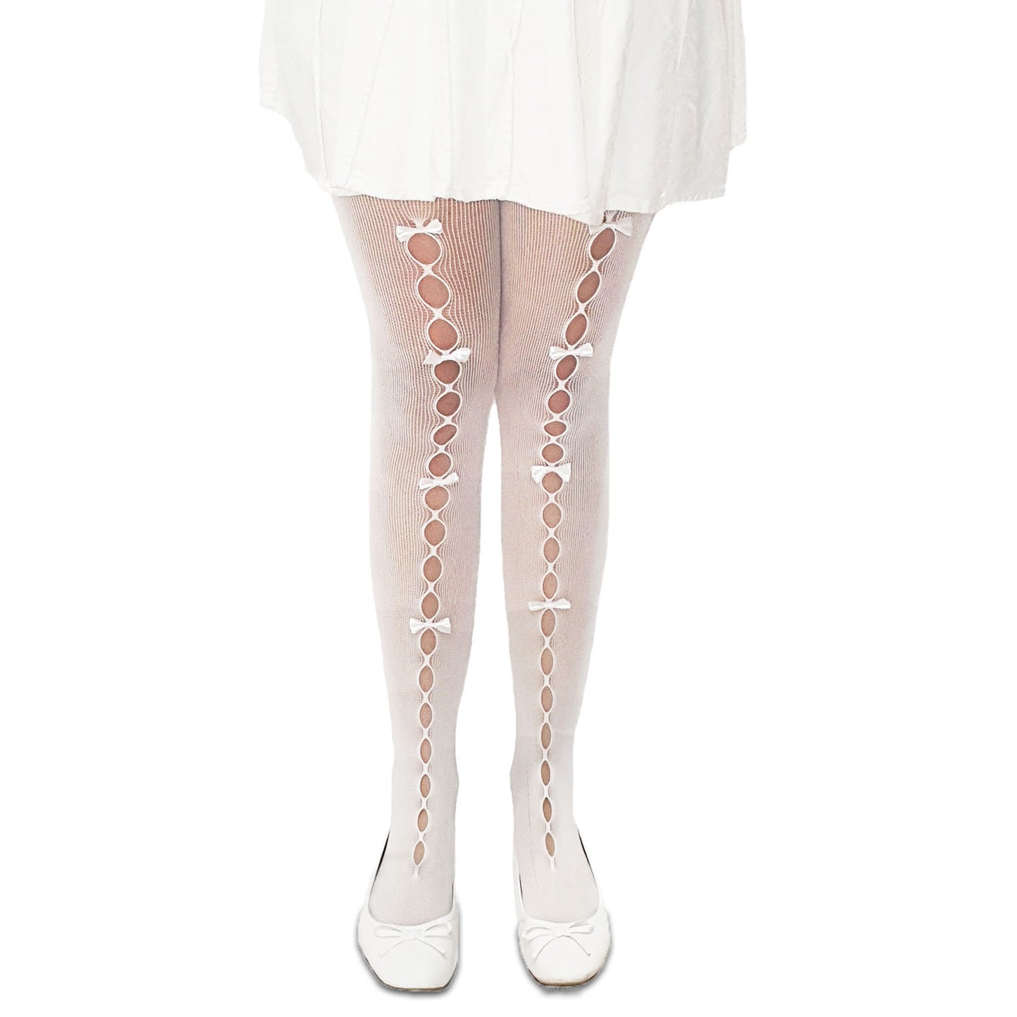Ladies white micro net hosiery with hollow out bows