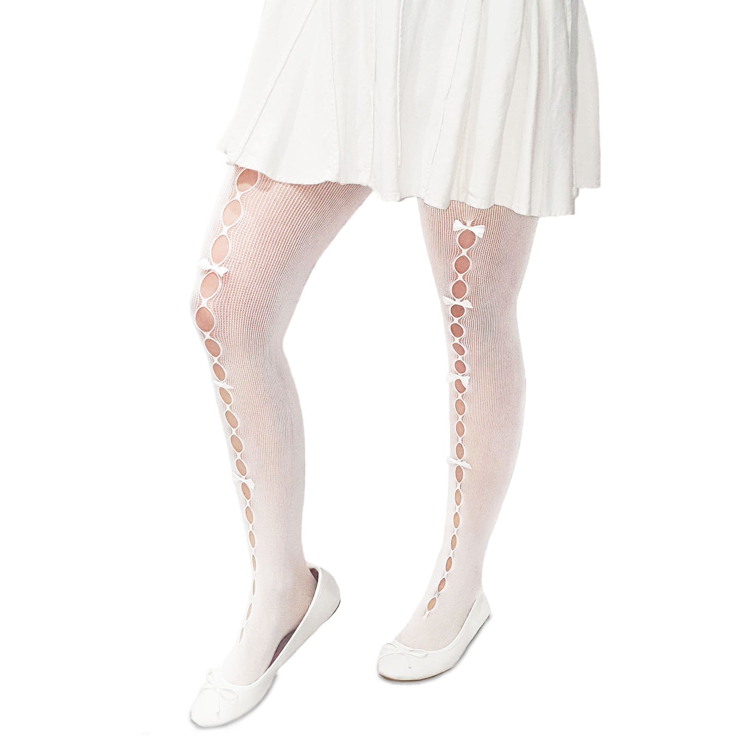 White fishnet tights with ribbon bows