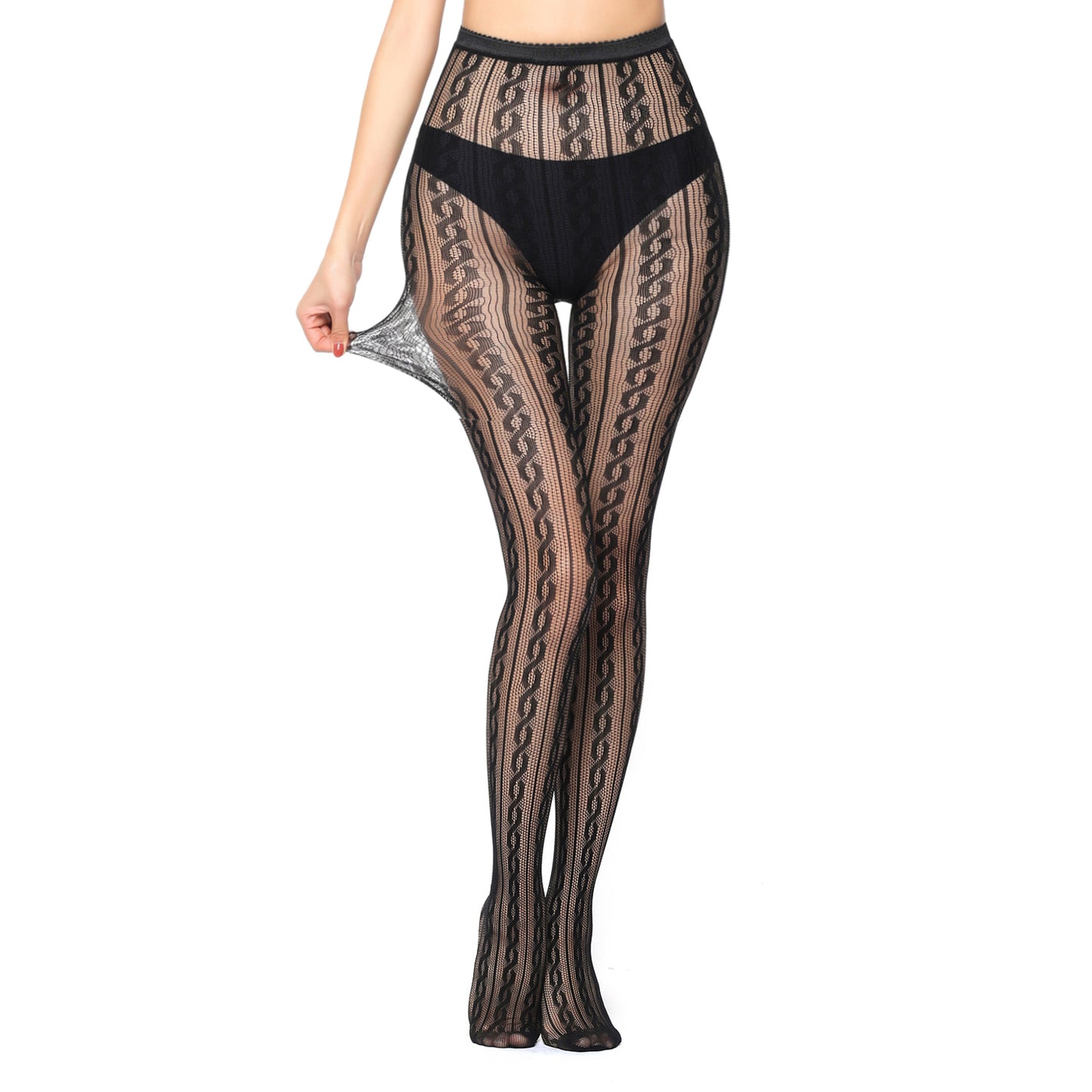 Ladies black patterned tights with high elasticity