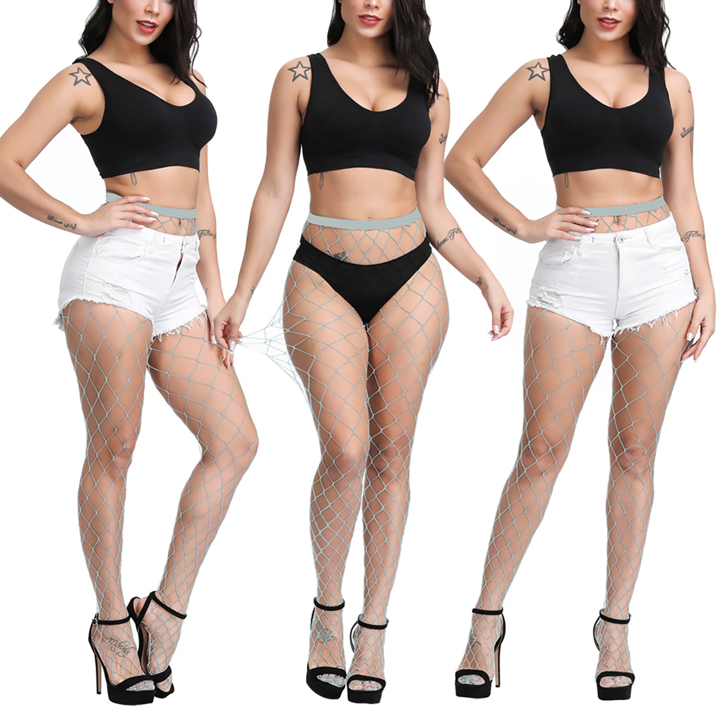 Women's large hole whale net tights in a pale grey colour