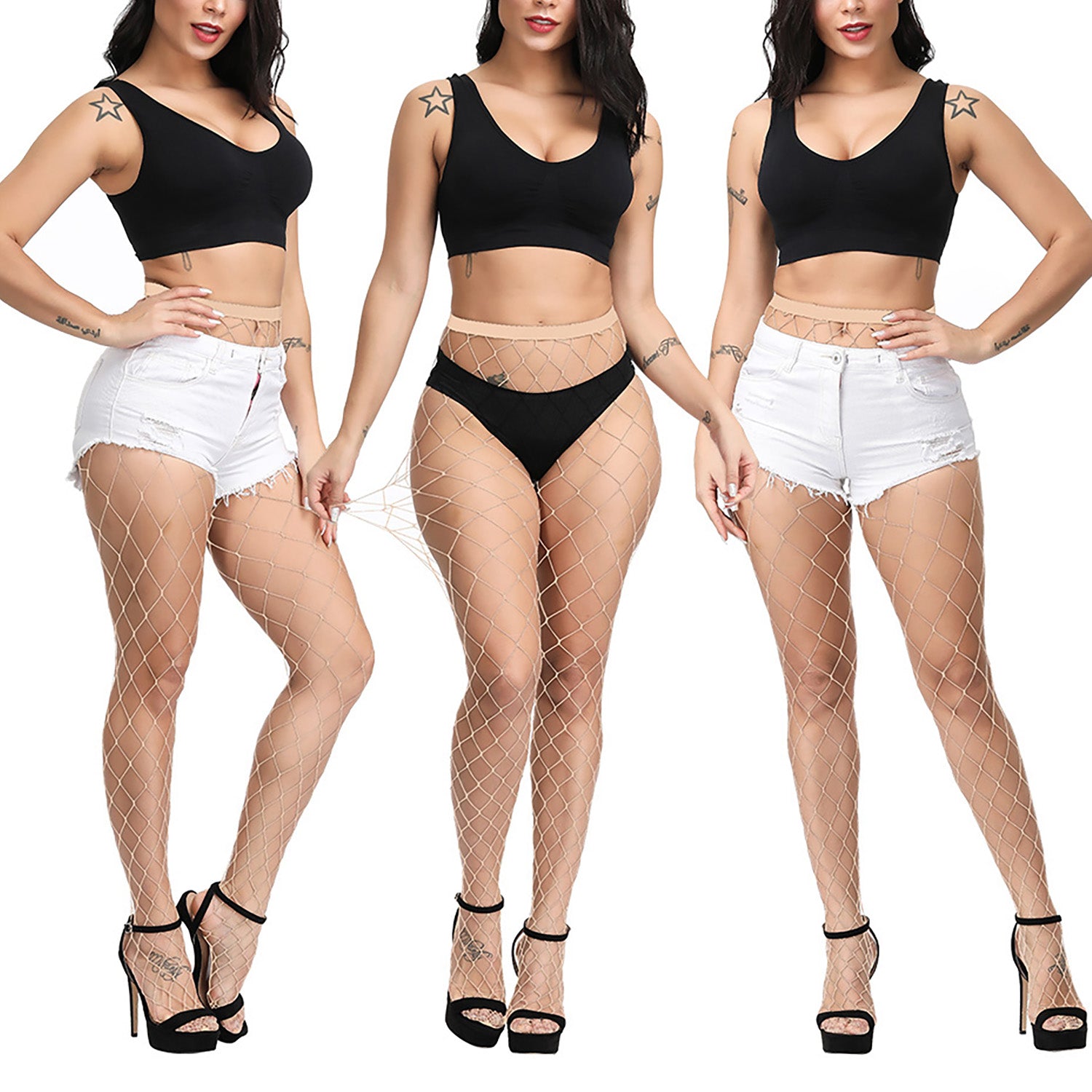 women's large whale net tights in a beige skin tone colour