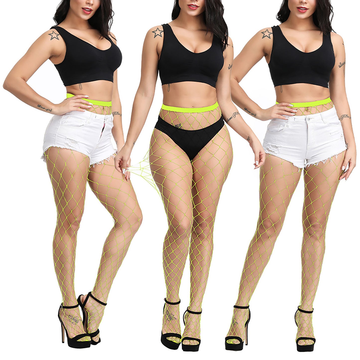 Womens Neon Yellow Wide Net Festival Tights