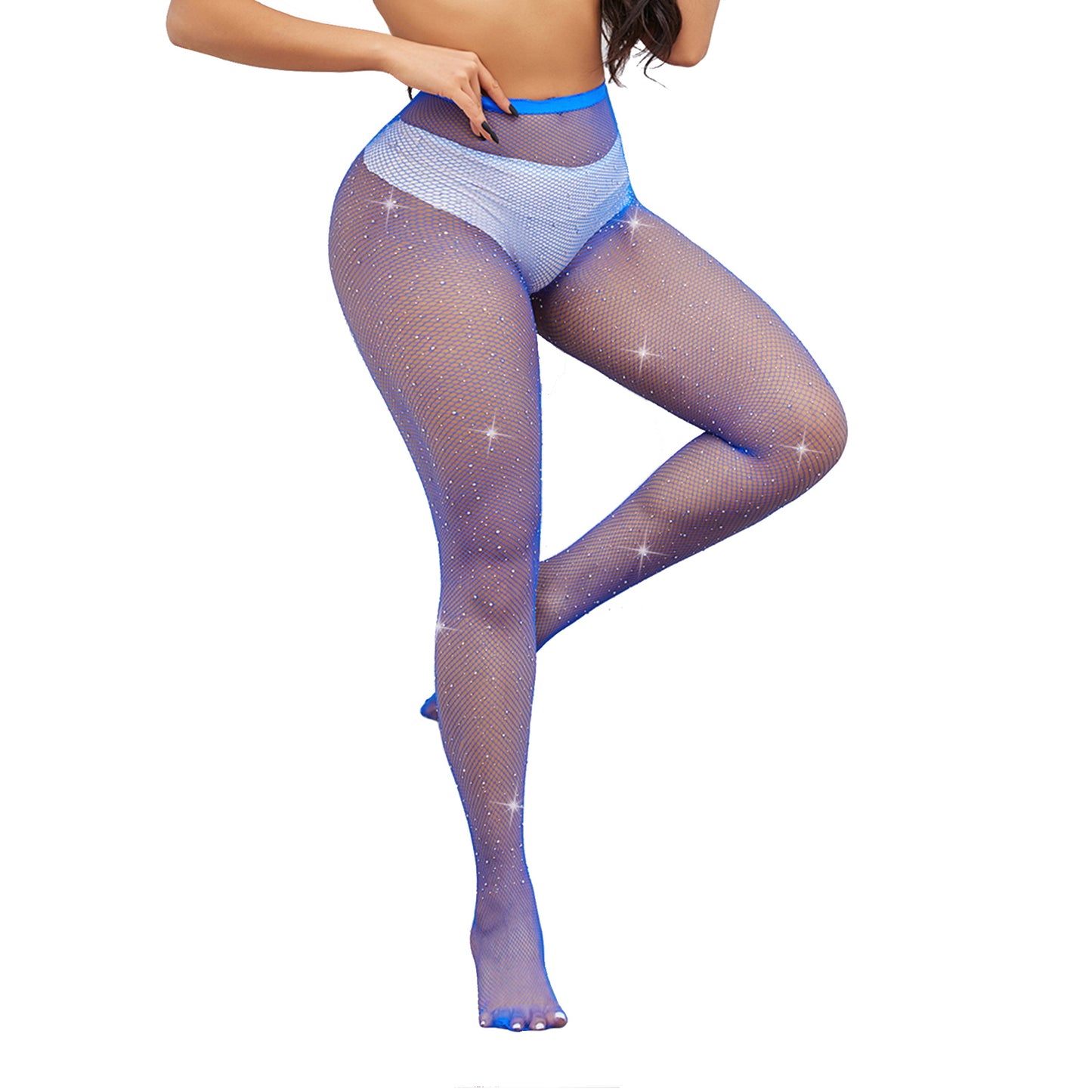 Women’s neon blue coloured crystal small net tights