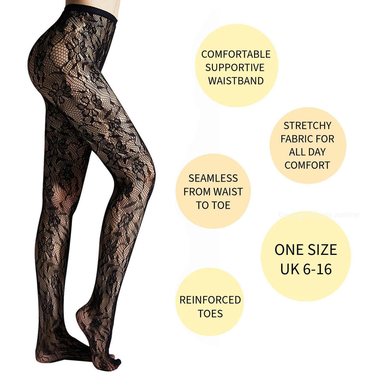 Black lace tights with text highlighting features