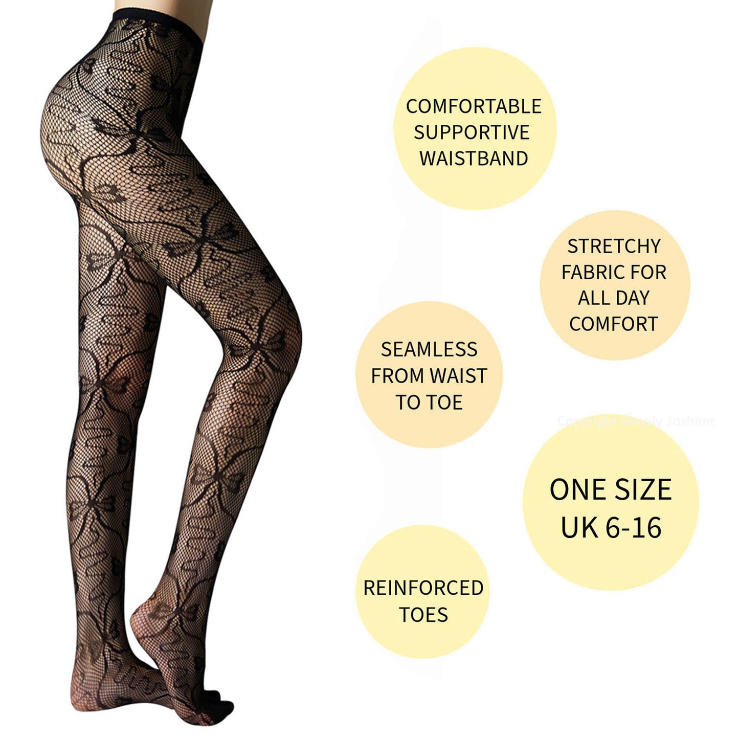 Black lace tights with text highlighting features on a white background