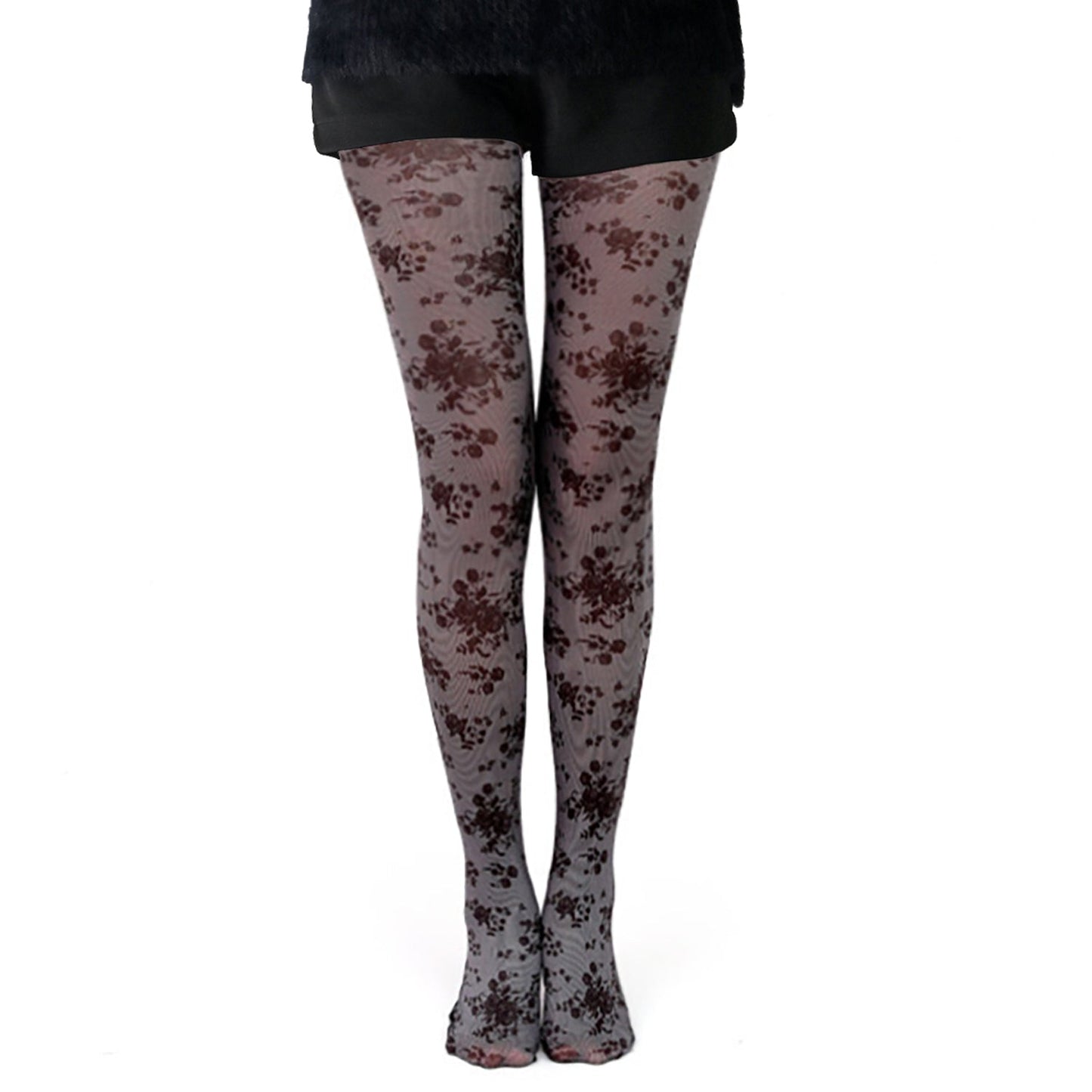Grey And Black Floral Patterned Sheer Tights