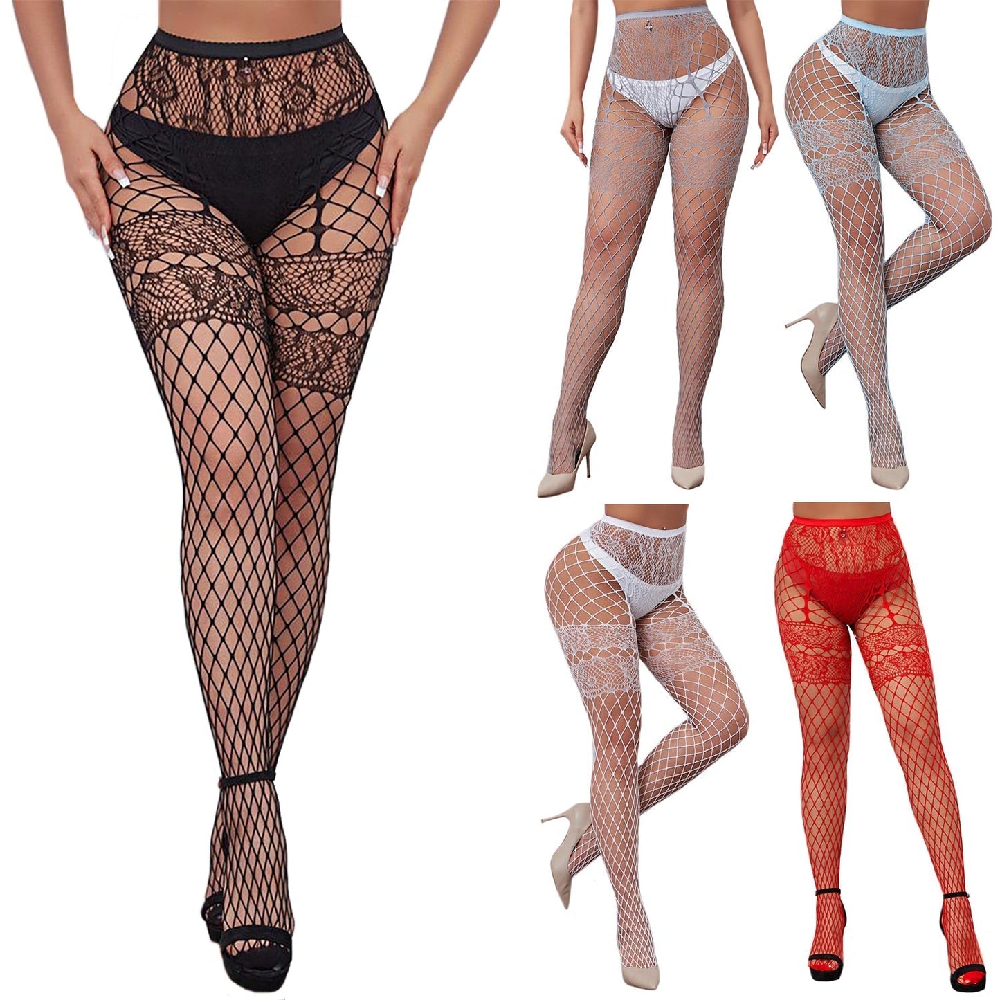 Wide net lace suspender tights in black, white, grey, red and blue