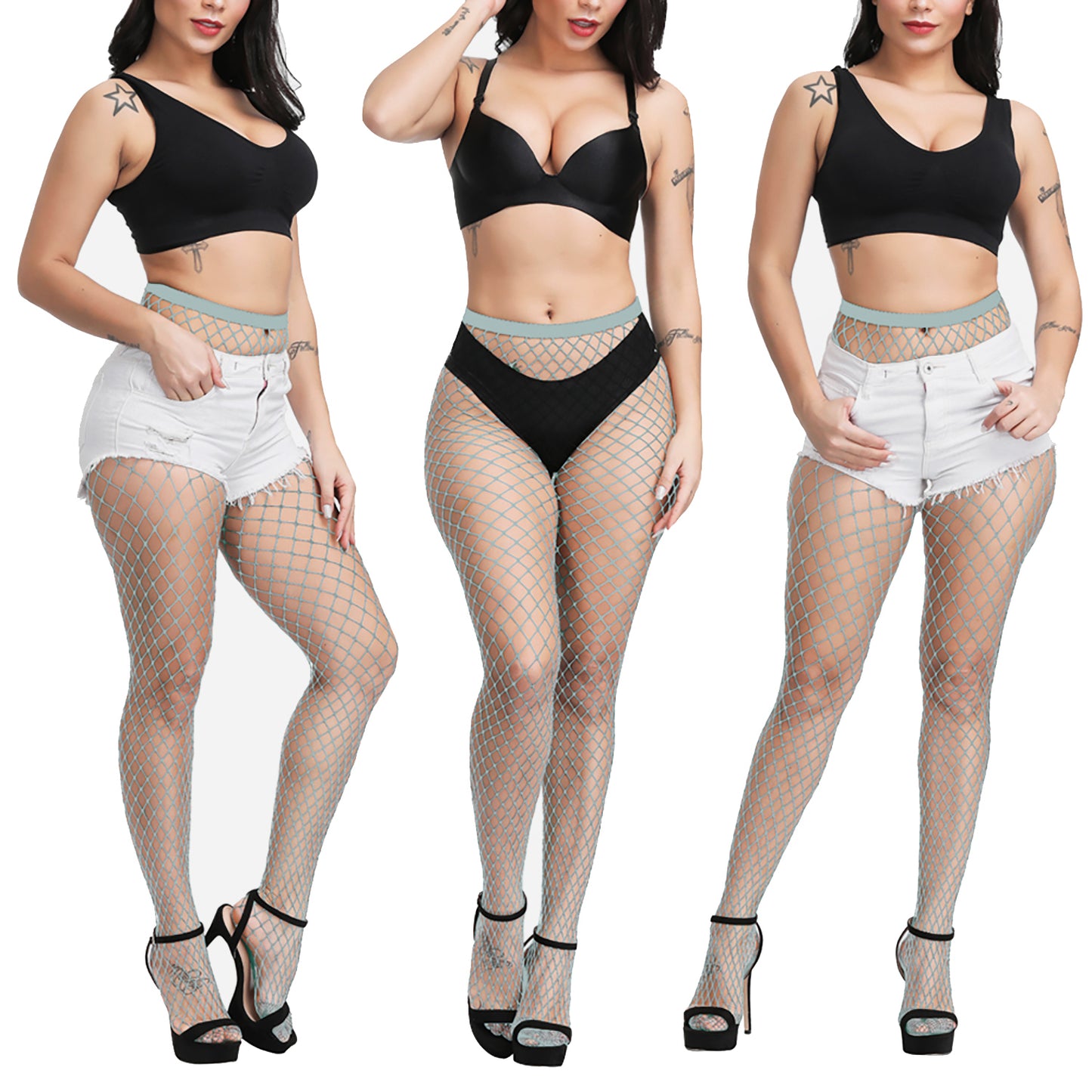 Ladies colourful fishnet tights in a pastel grey colour