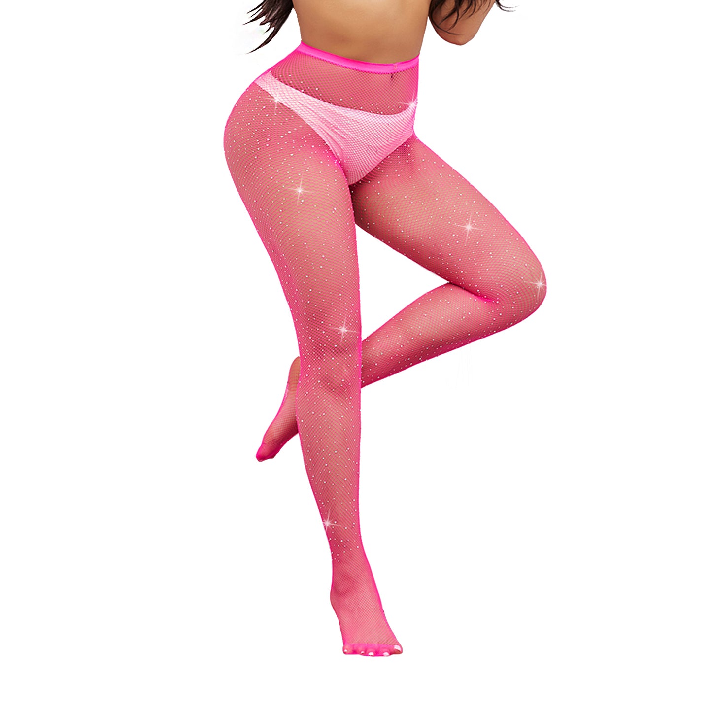 Neon Pink Rhinestone Encrusted Micro Net Dance Tights