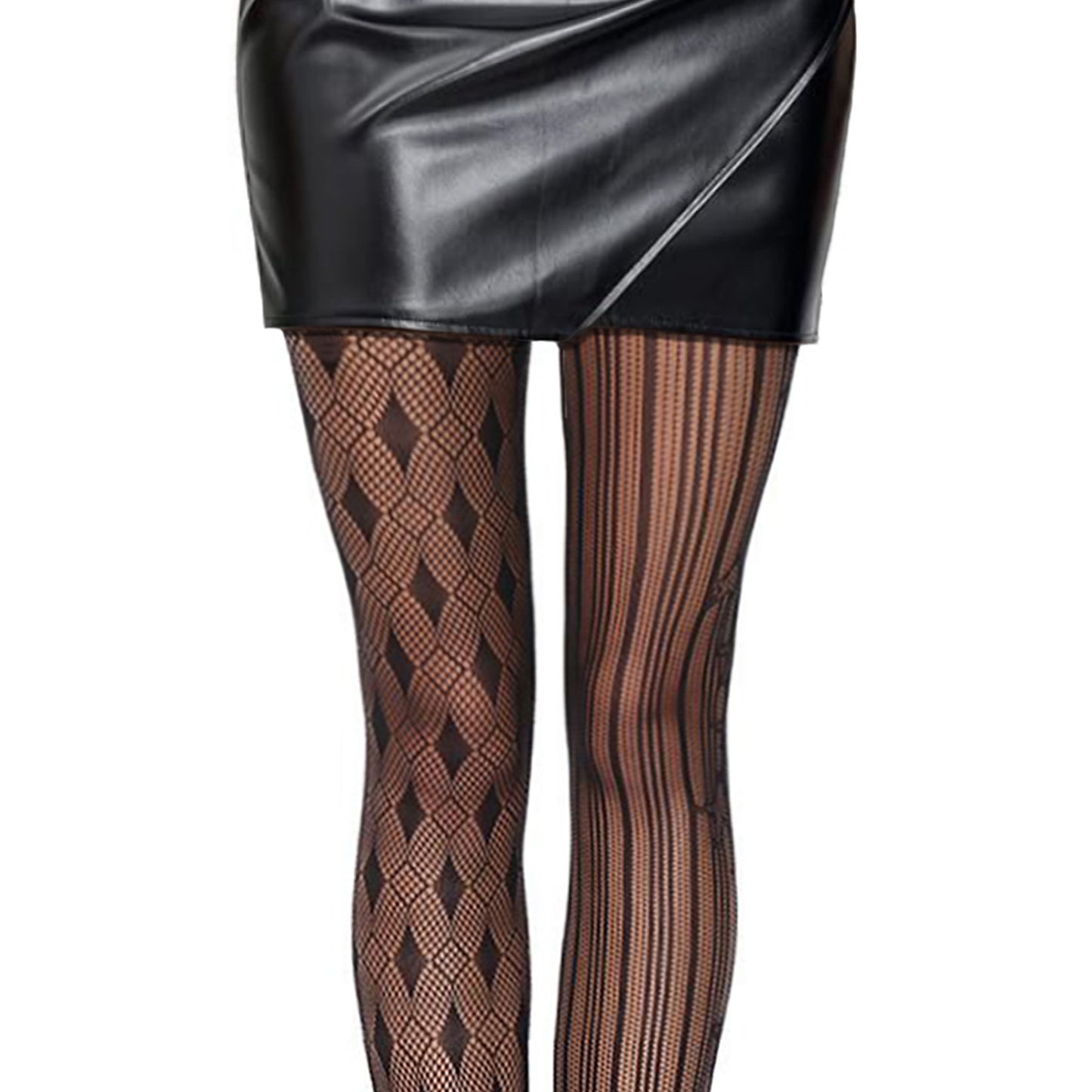 Patterned fishnet mesh tights with faux leather skirt