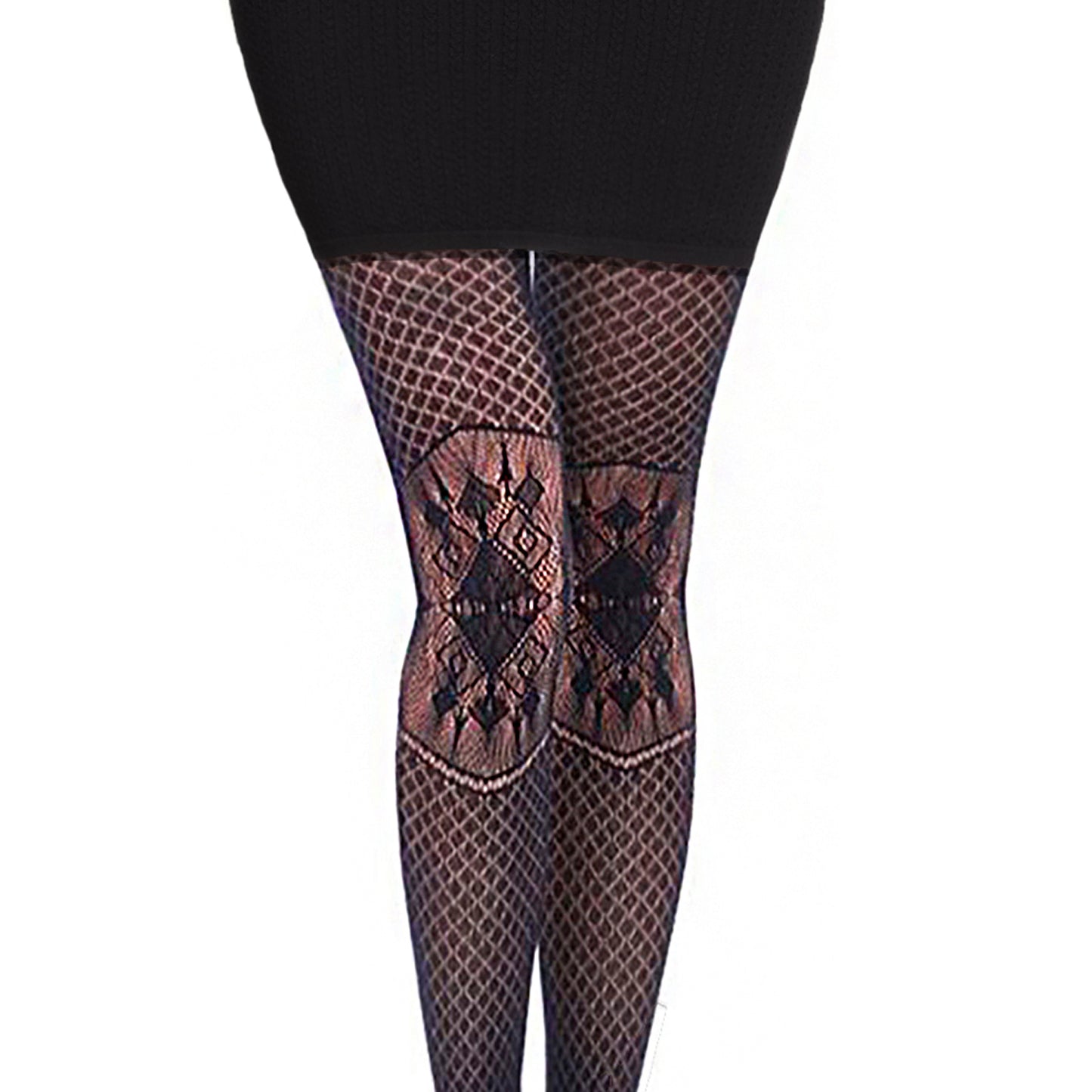 bold fishnet tights with diamonds and a mini skirt