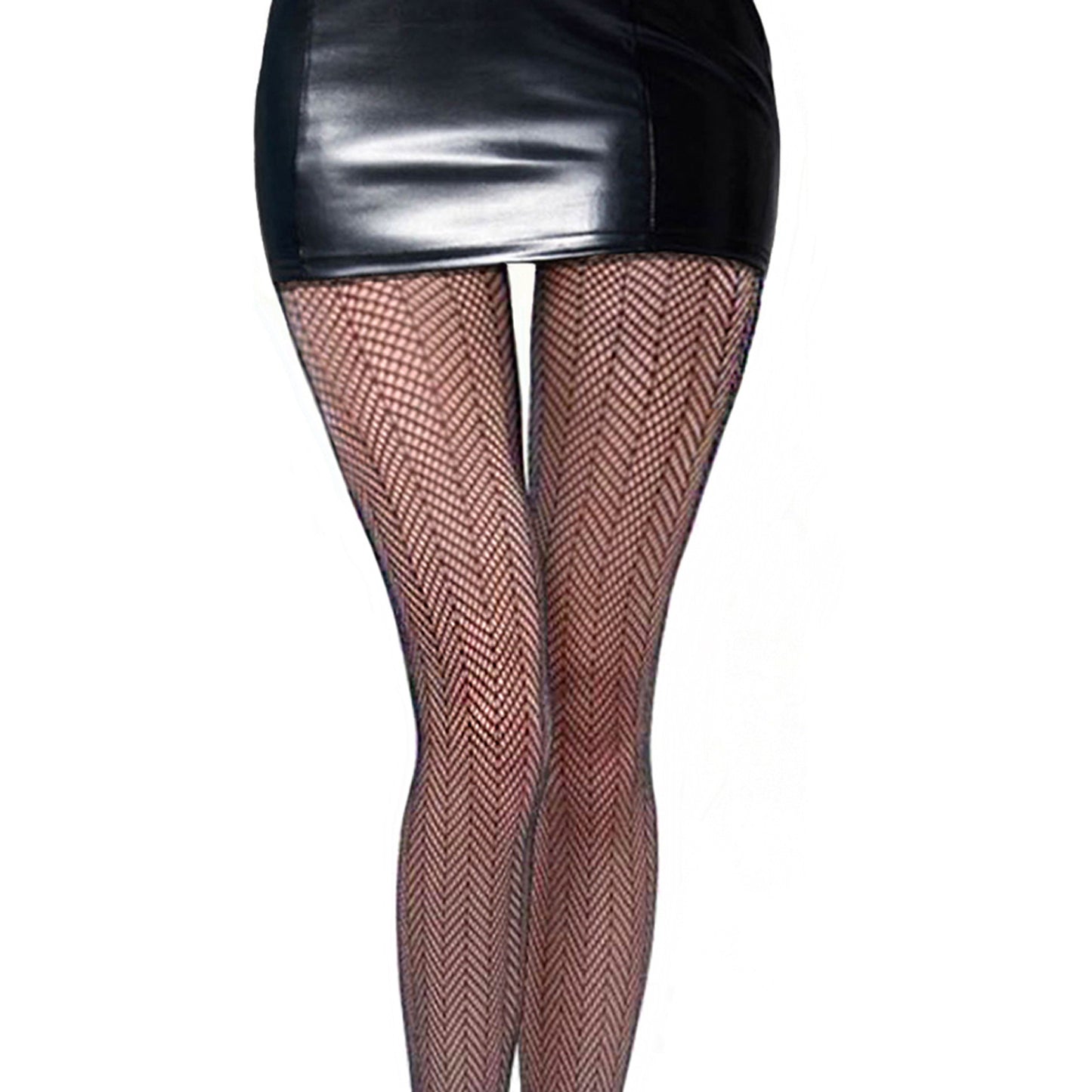 black chevron fishnet hosiery with mini skirt