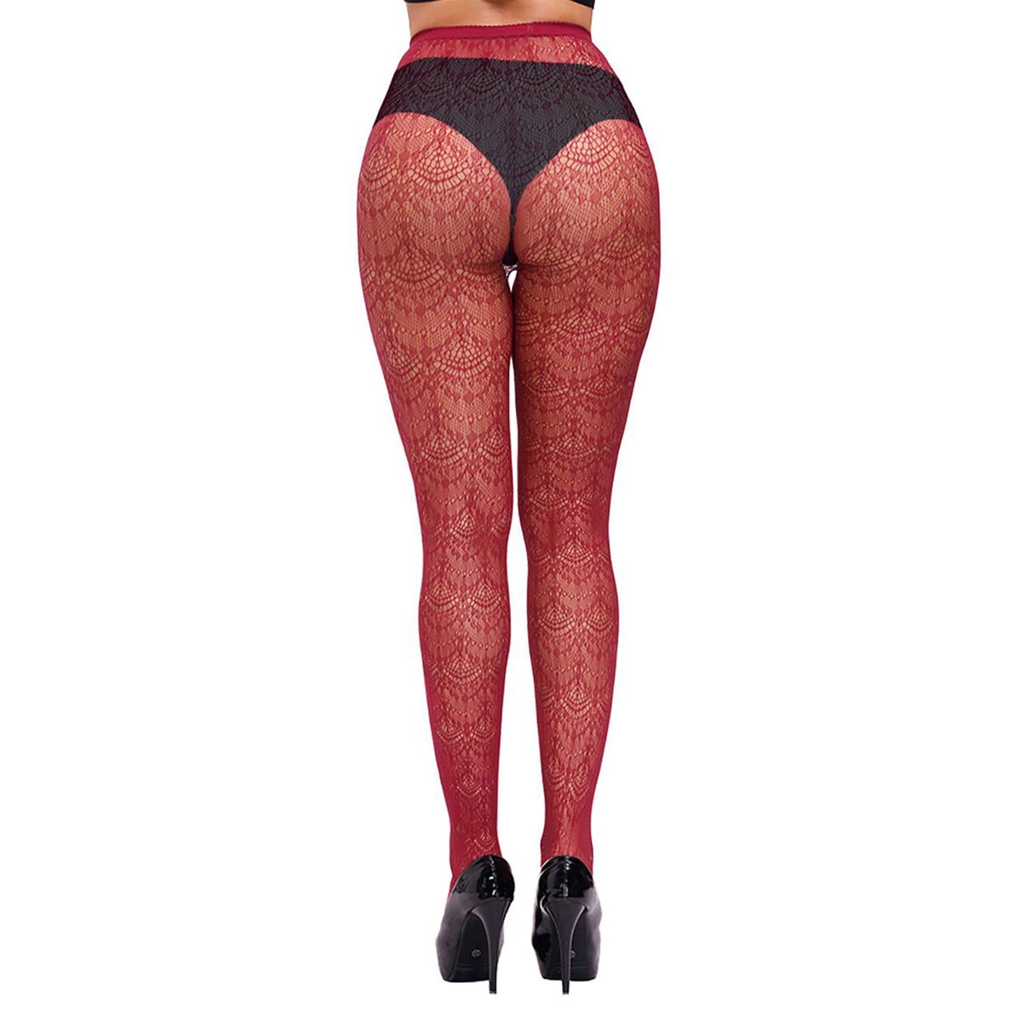 Red hosiery with a high waist and a heavy tribal print throughout