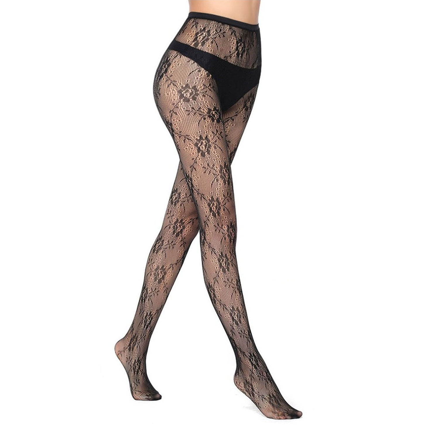 Ladies patterned fishnet tights with a flower print design