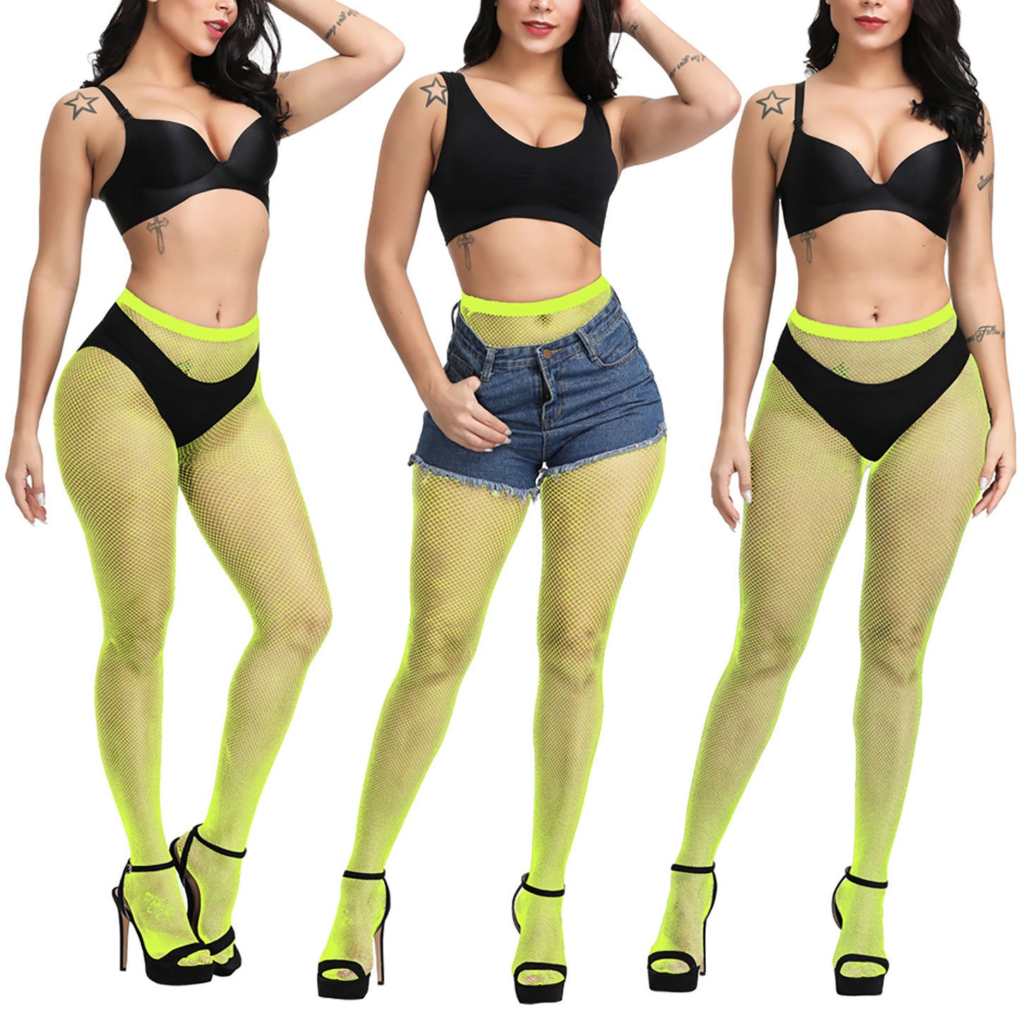 Ladies Neon Yellow Fine Mesh Festival Tights