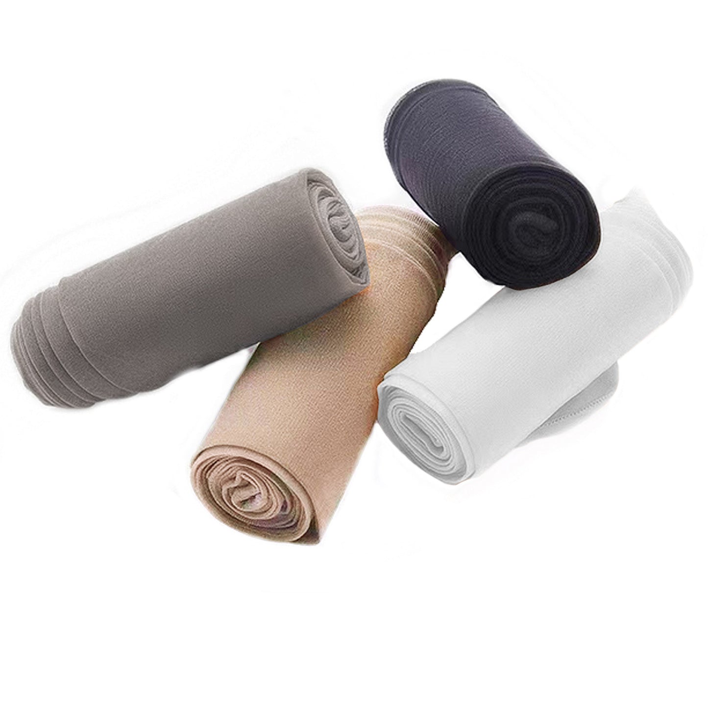 Four pairs of stockings, each rolled up to demonstrate their colour. Black, white, beige and grey
